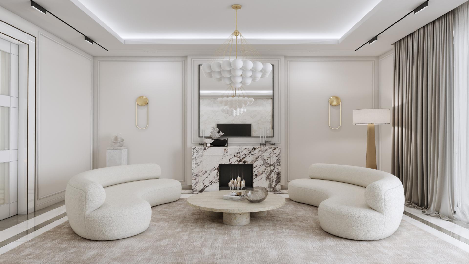 Luxurious living room in Al Barari villa with elegant decor and modern furnishings