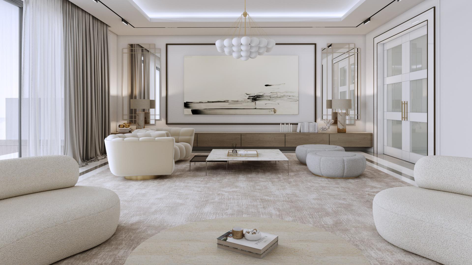 Luxurious living room in 7-bedroom villa, Al Barari, featuring elegant decor and marble fireplace