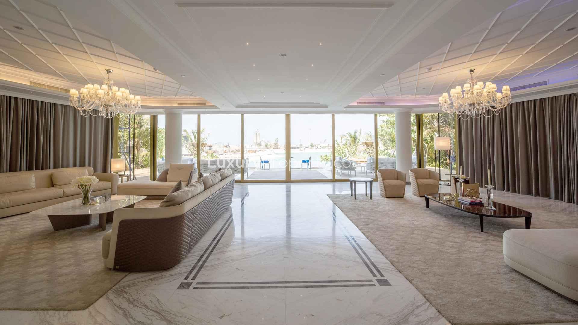 Luxurious living room in beachside villa, Sweden Island, The World Islands, for sale