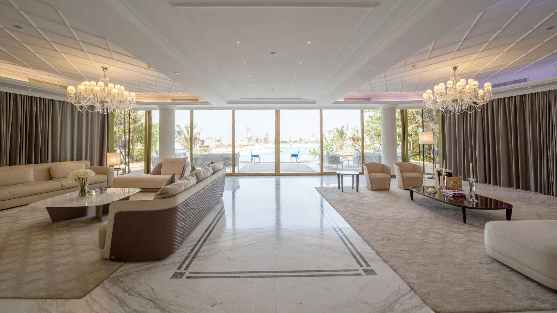 Luxurious living room in beachside villa, Sweden Island, The World Islands, for sale