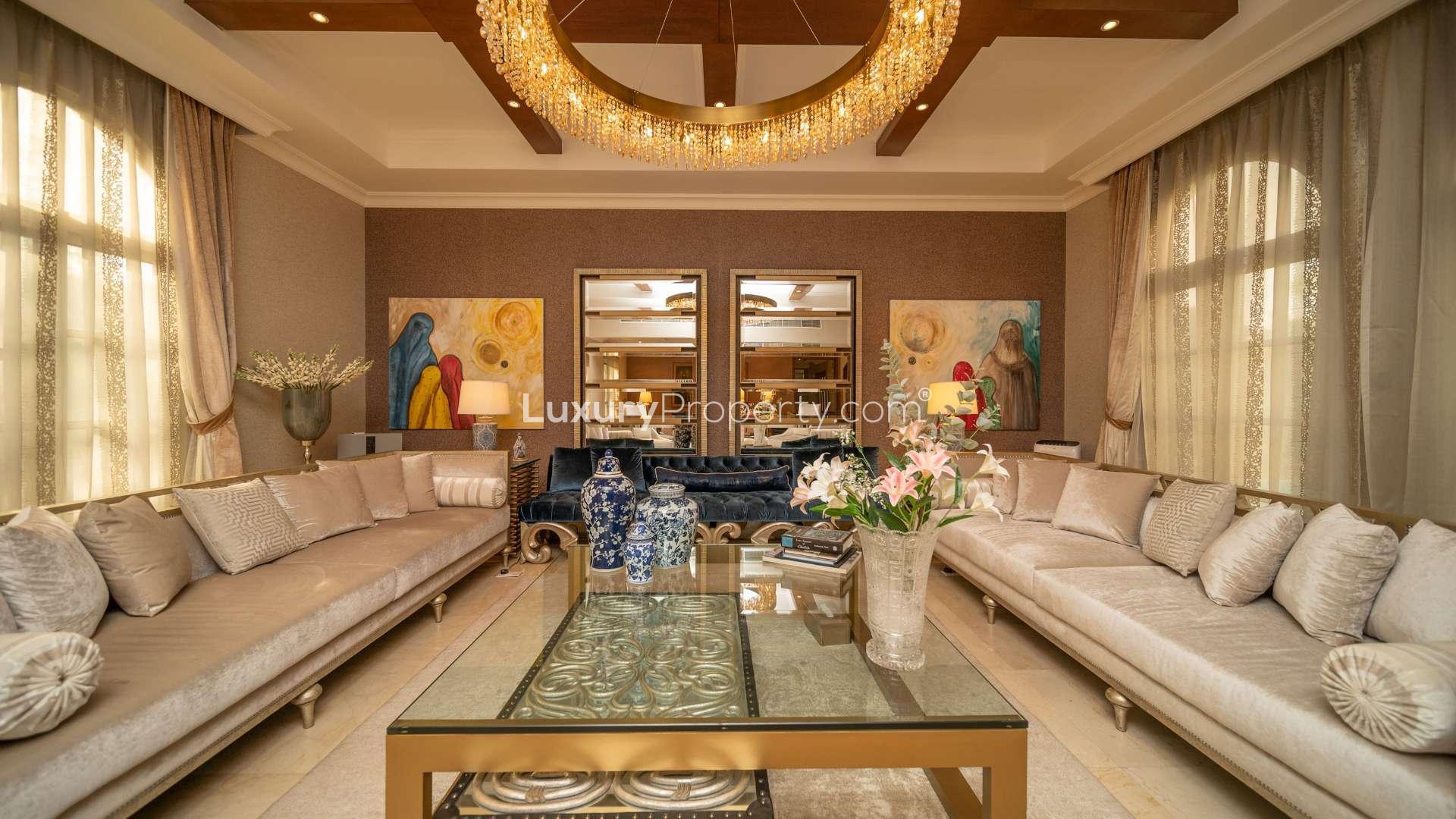 Luxurious living room in stunning villa, The Aldea, with elegant decor and plush seating