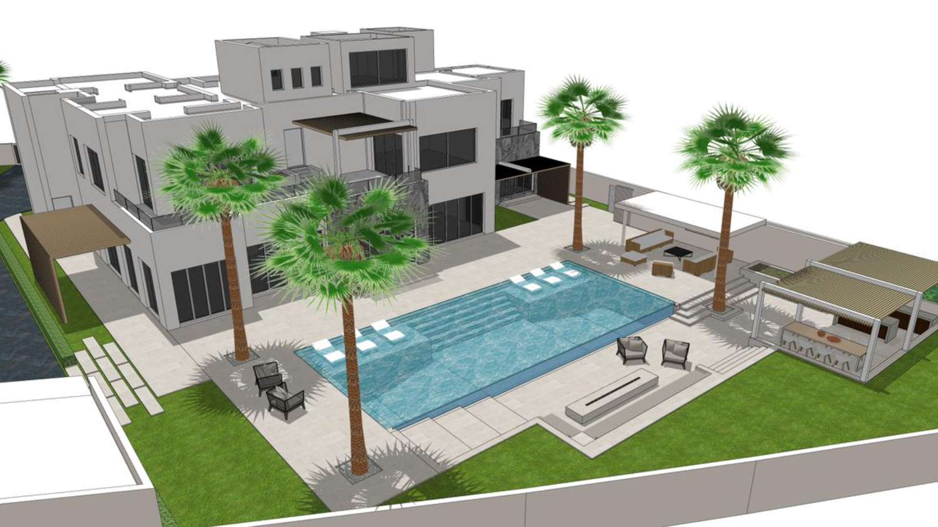 Modern contemporary mansion exterior with palm trees in Al Barari, The Reserve, for sale