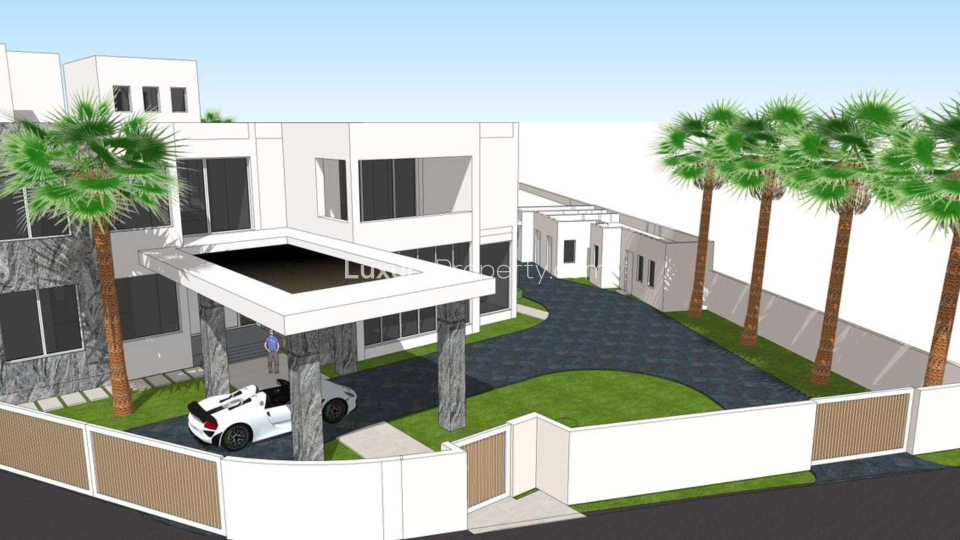 Modern contemporary villa with pool, palm trees, and spacious terrace in Al Barari, The Reserve