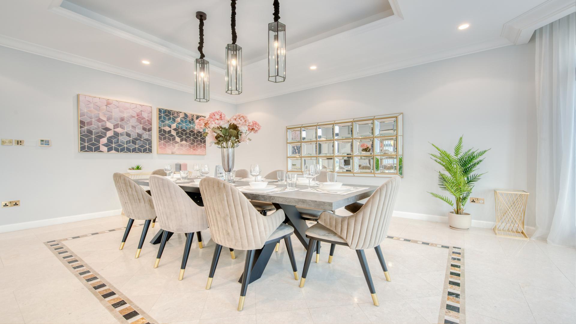 Luxurious dining area in Palm Jumeirah Signature Villa, elegant decor with modern furnishings