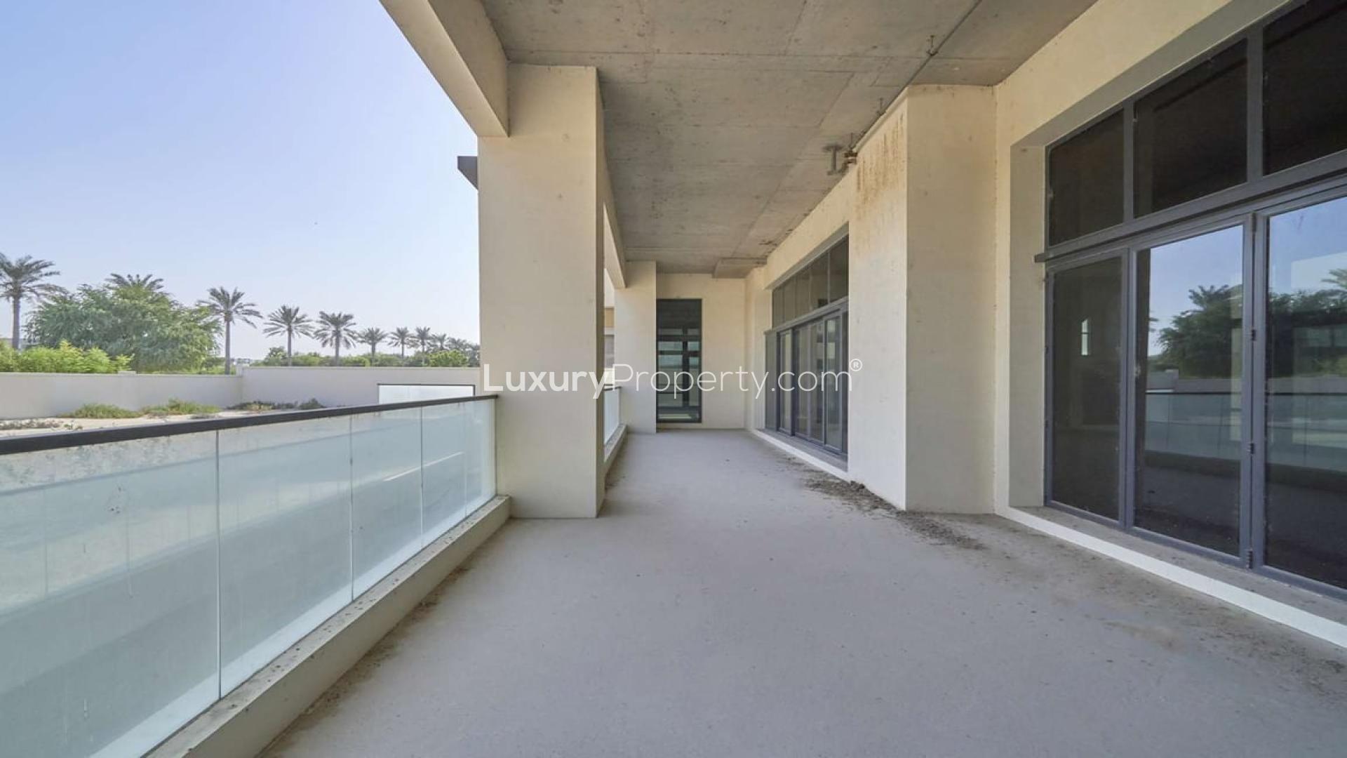 Spacious balcony of shell and core contemporary mansion in Dubai Hills Grove, Dubai Hills Estate