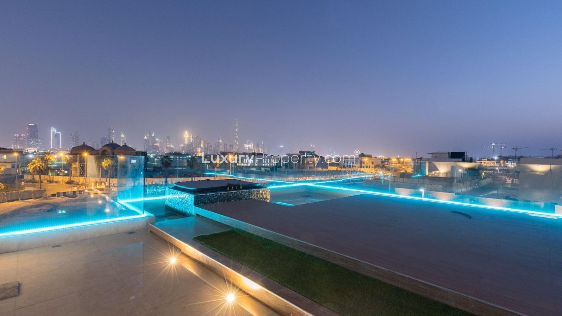 Luxurious interior of Pearl Jumeirah villa with modern staircase and ambient lighting