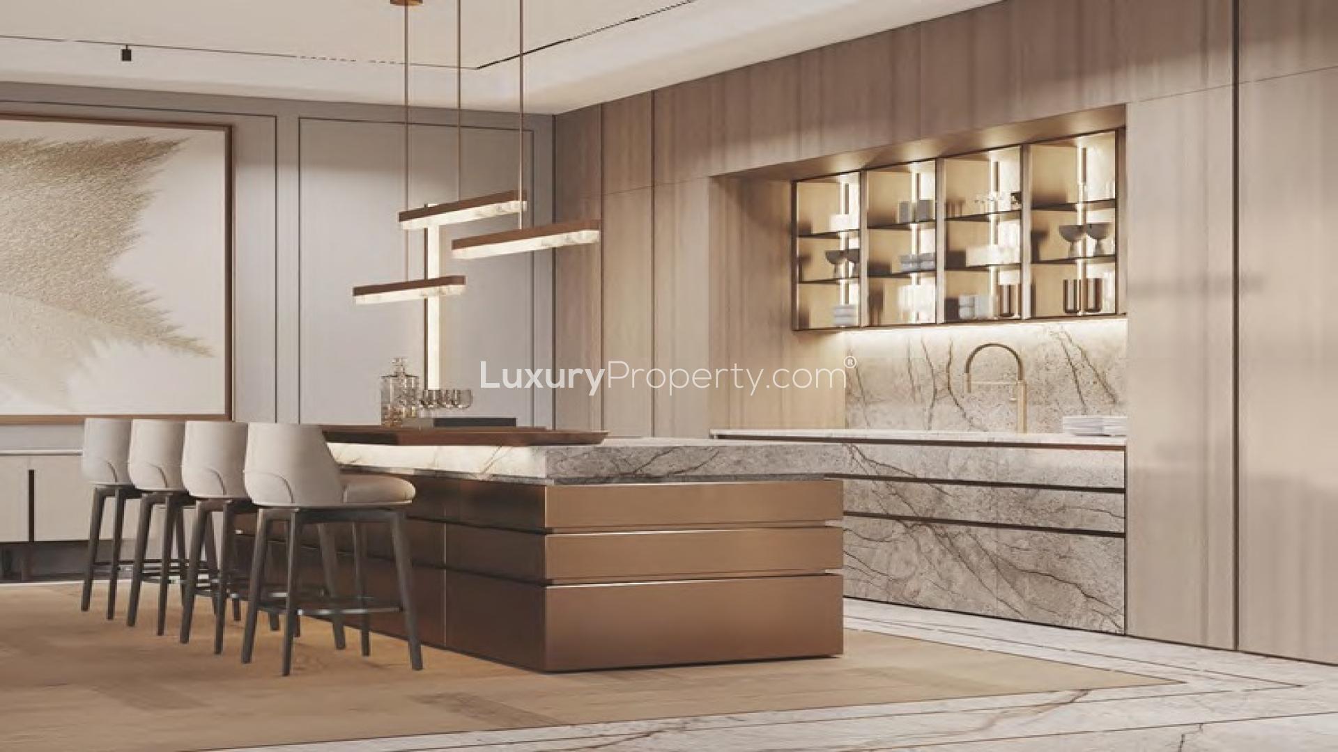 Luxurious entryway in 8-bedroom apartment at Raffles Residences, Palm Jumeirah. Elegant decor and lighting