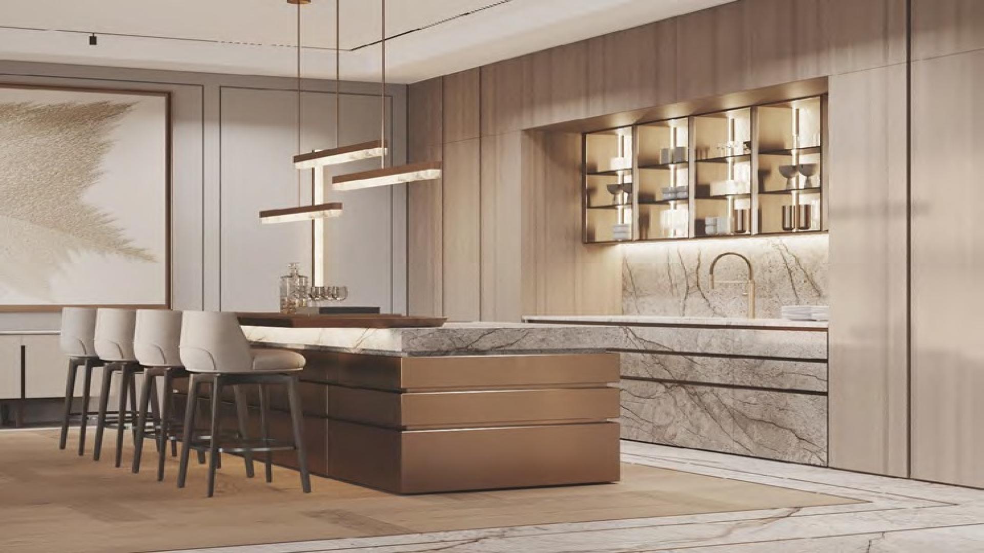 Luxurious entryway in 8-bedroom apartment at Raffles Residences, Palm Jumeirah. Elegant decor and lighting