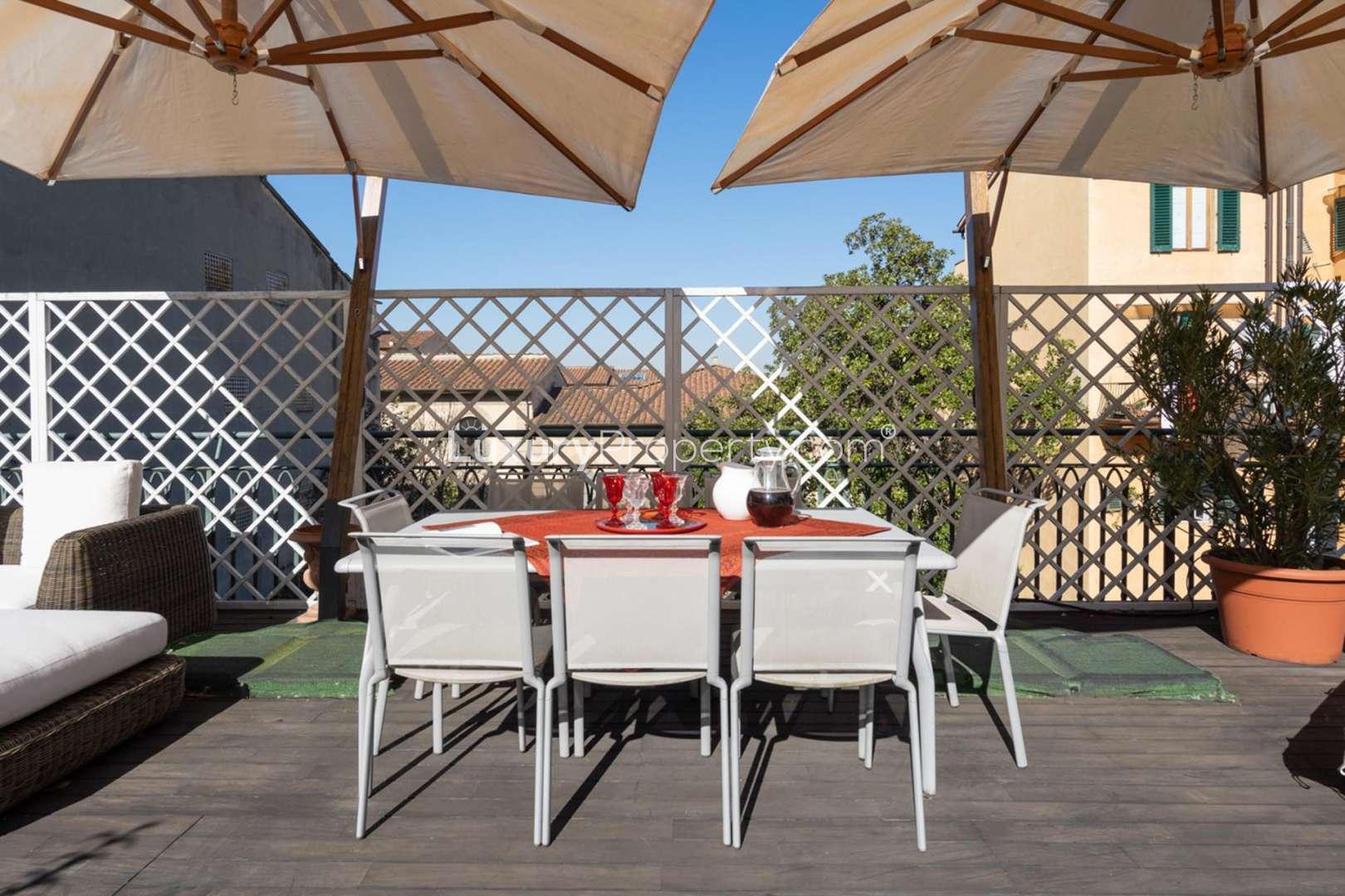 Sunny terrace with seating in deluxe Florence penthouse for sale, LP04994