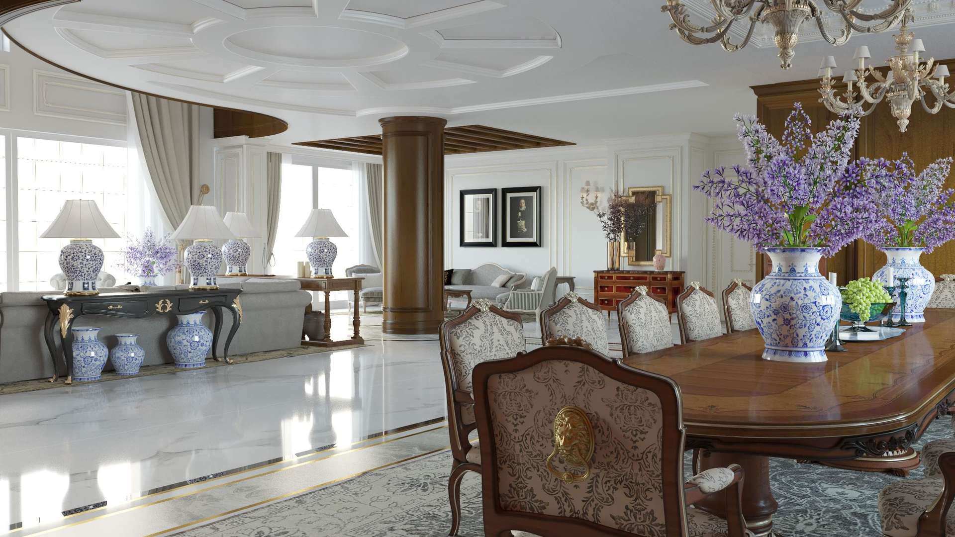 Elegant living and dining area in luxury 8-bedroom penthouse, XXII Carat, Palm Jumeirah