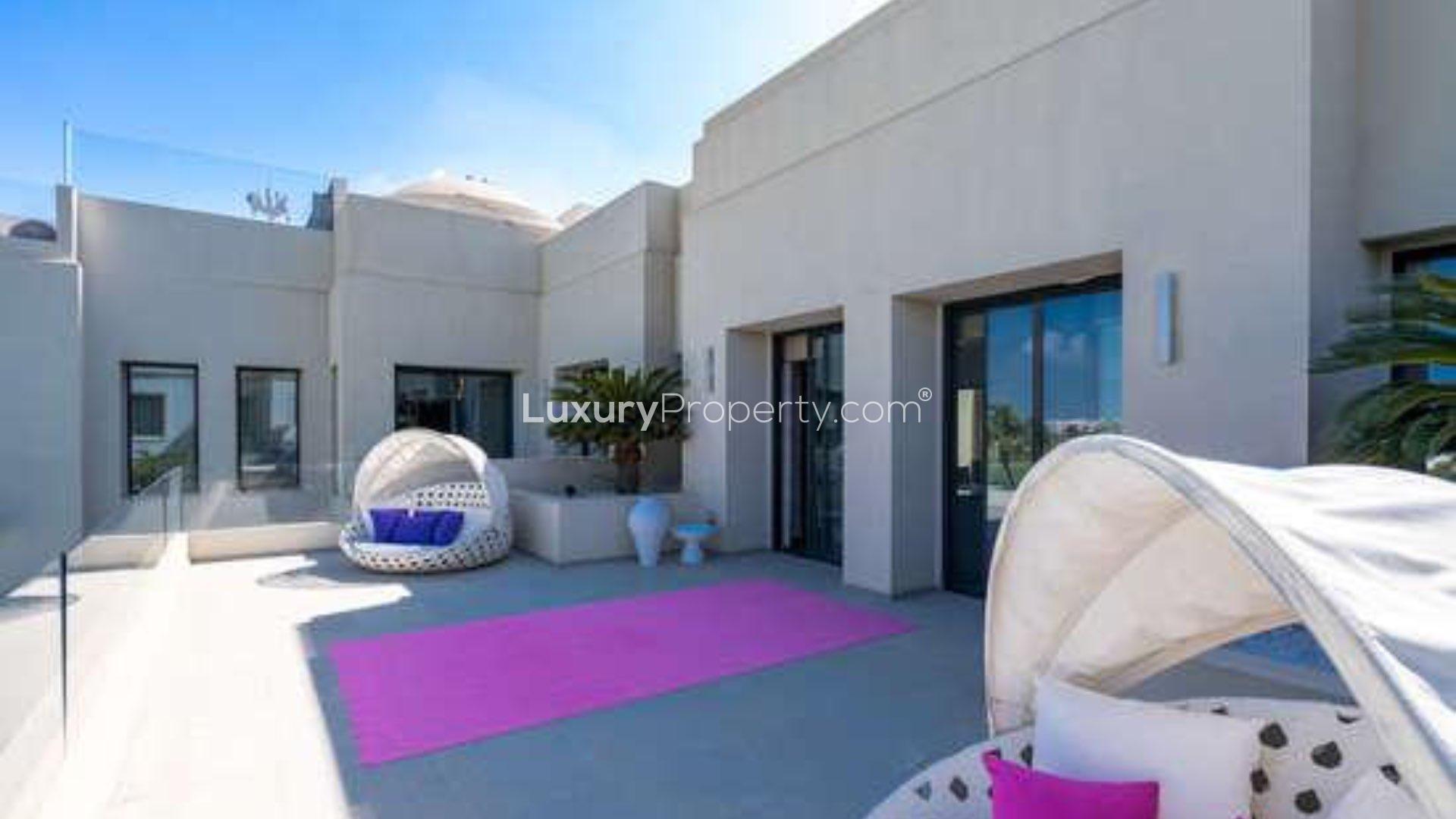 Luxurious villa pool with lush garden in Emirates Hills Sector J, for rent