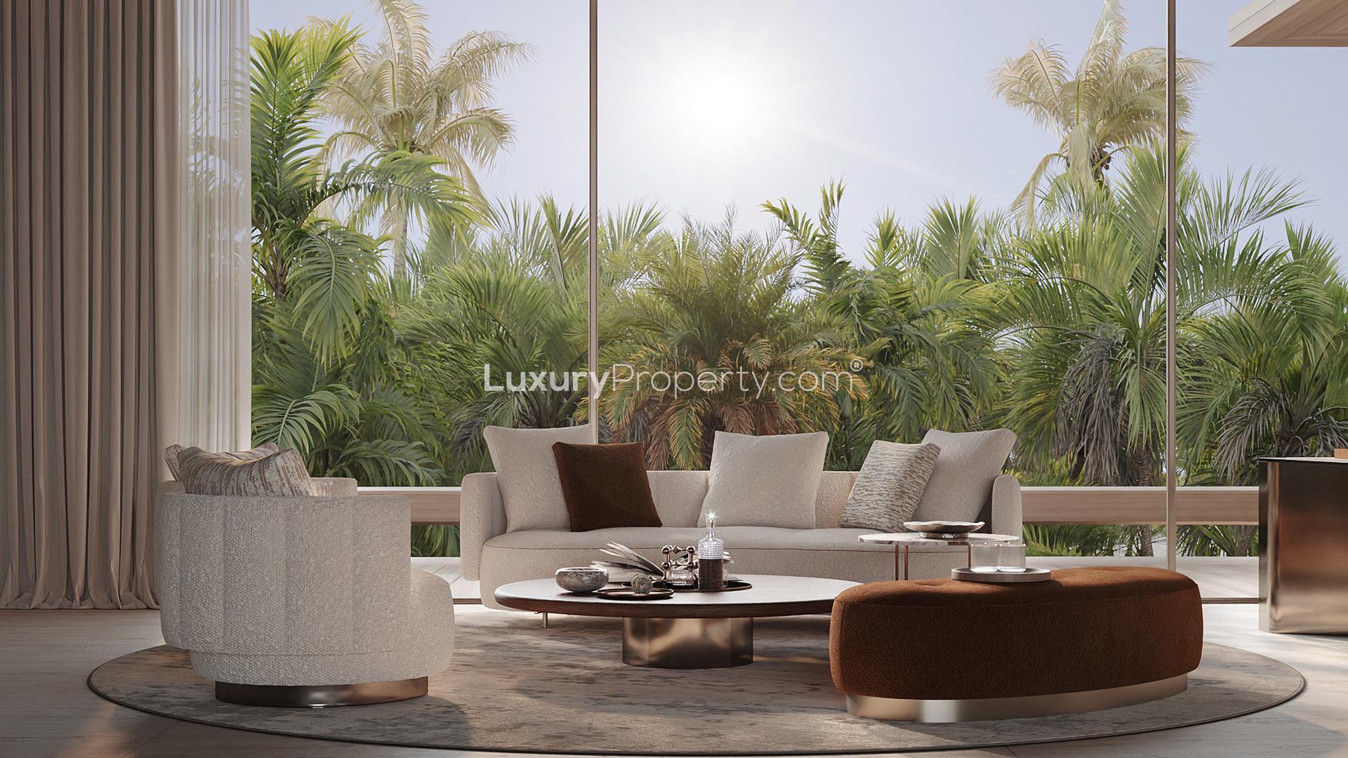 Luxurious dining room in 8-bedroom villa, Zamani Islands, Maldives, featuring modern decor