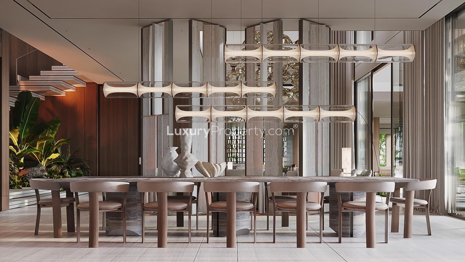 Luxurious bedroom in 8-bedroom villa, Zamani Islands, Maldives, featuring elegant modern decor