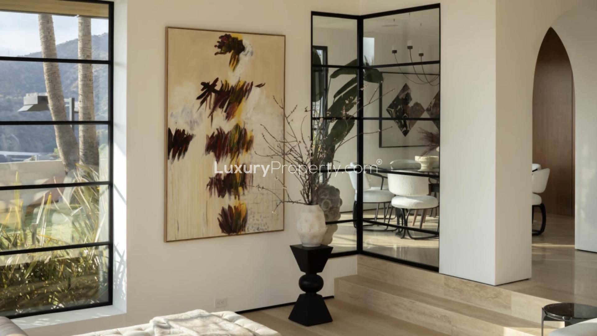 Modern living room in luxurious Bel Air villa with elegant decor and natural lighting