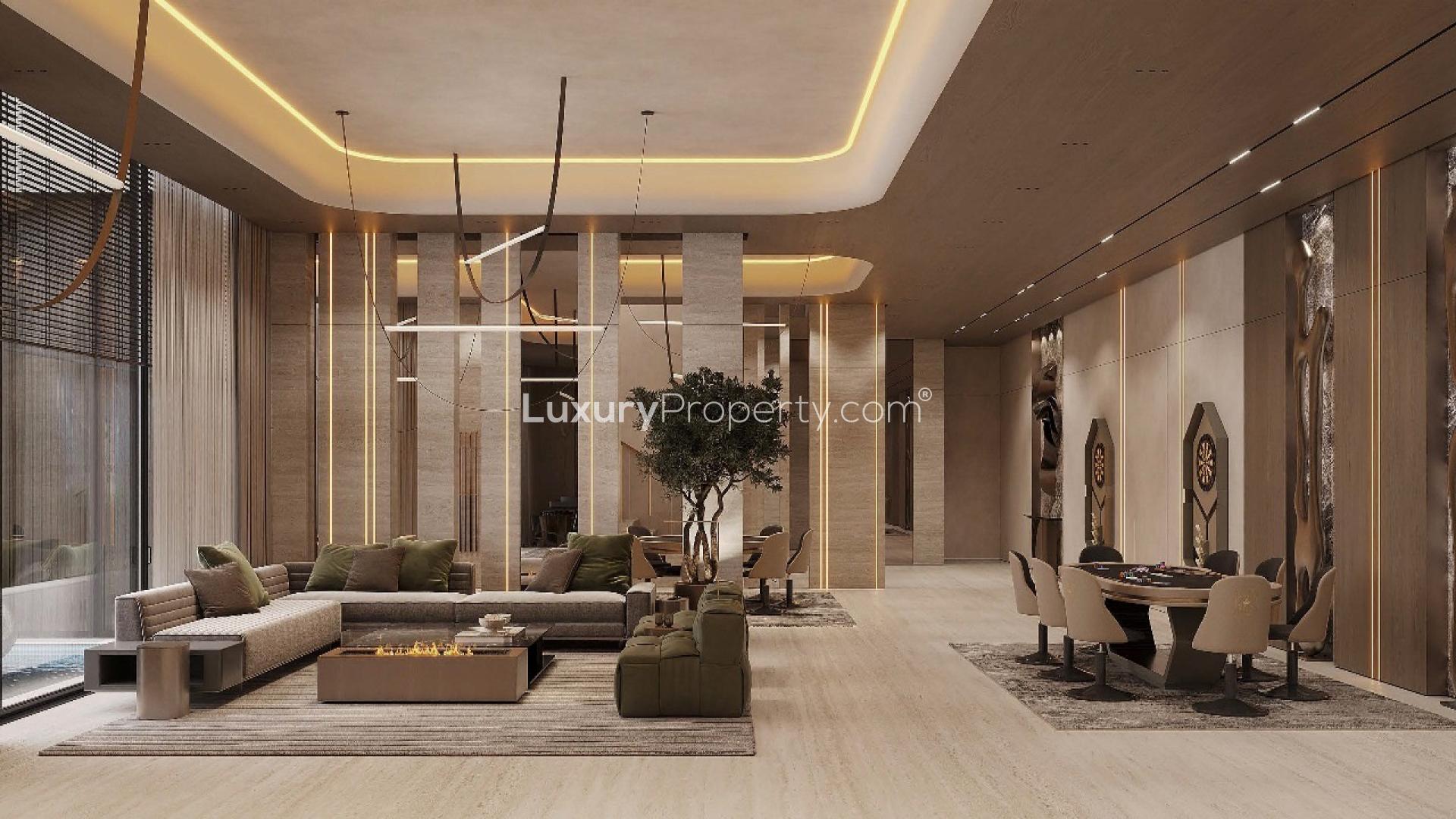 Luxurious Emirates Hills villa with pool, modern design, and outdoor seating in Sector R