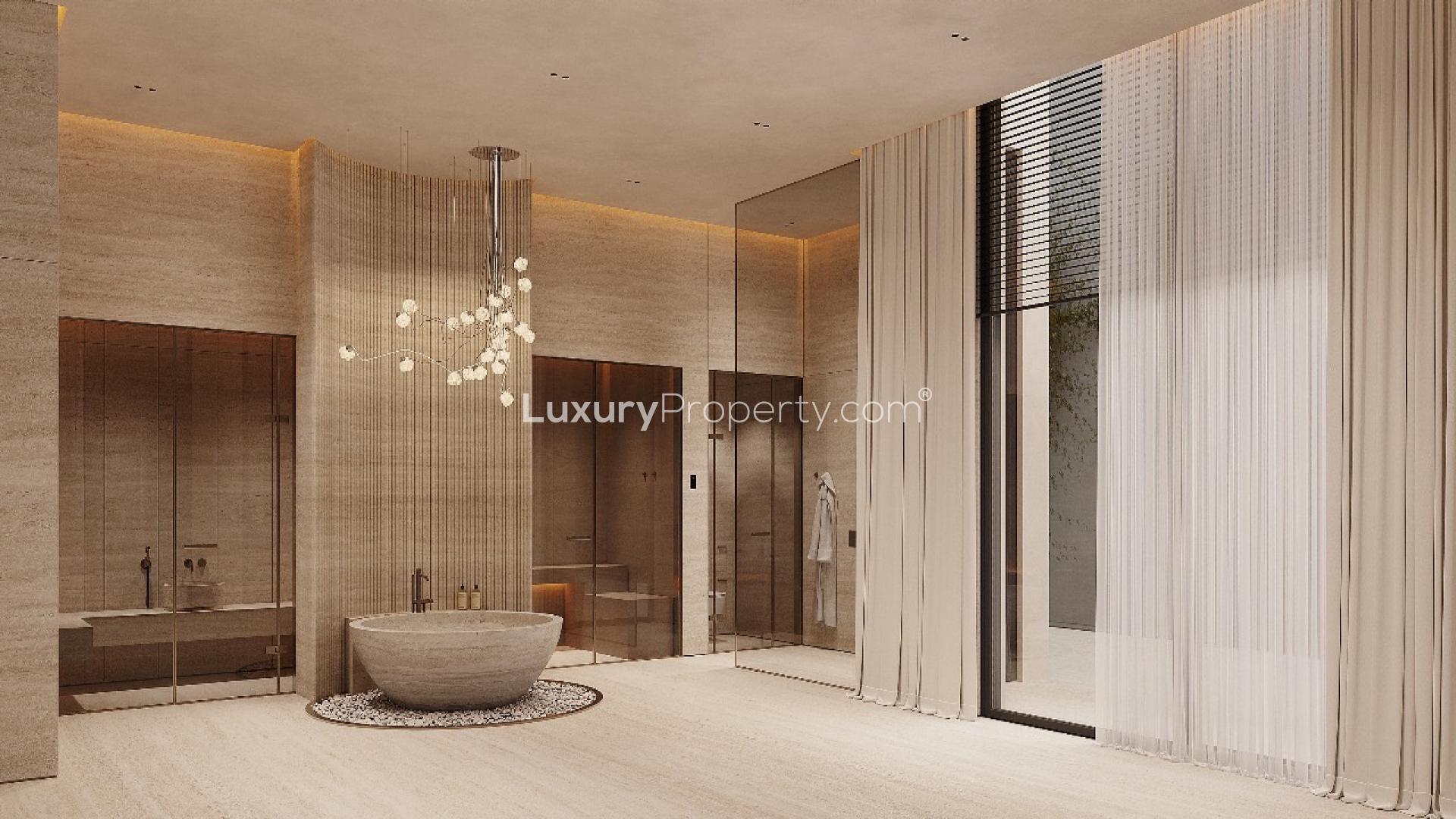 Luxurious dining area in Emirates Hills villa, elegant design with modern lighting and decor