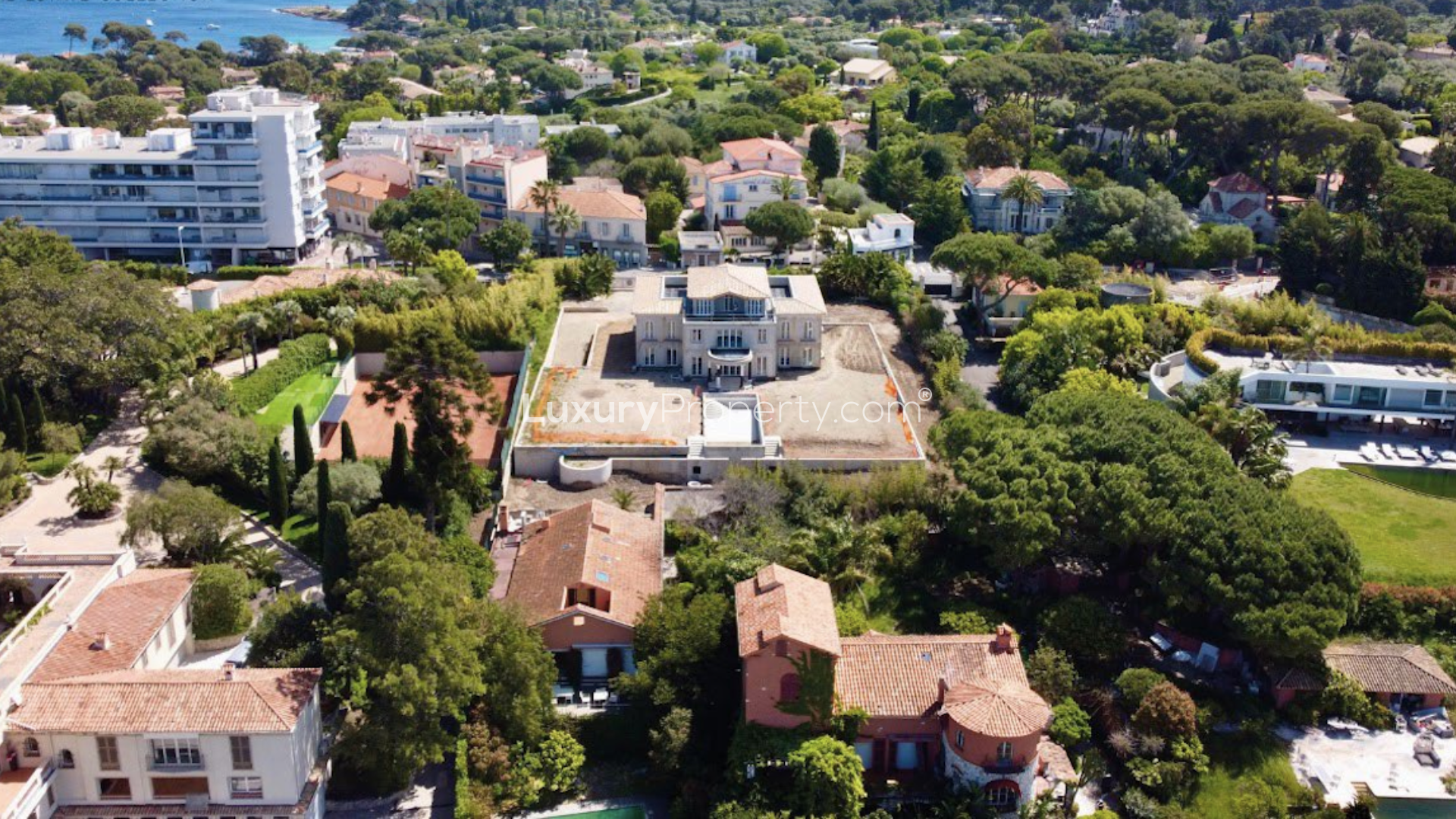 Aerial view of luxury villa in Cap D'Antibes, French Riviera, with pool and gardens
