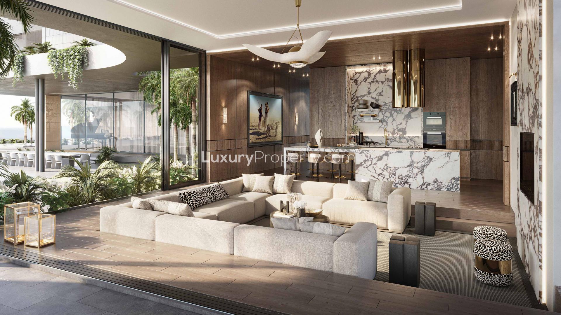 Luxurious open-plan living area in Edge Estates Mansion, Tilal Al Ghaf villa for sale