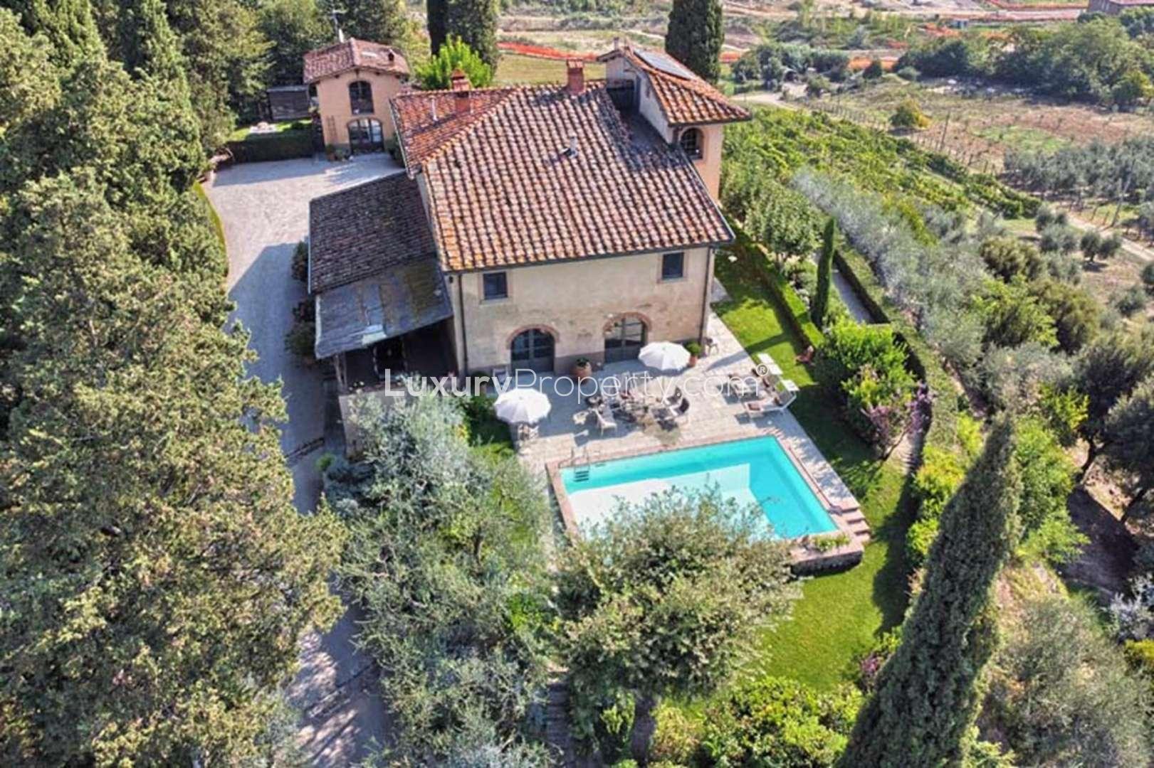 Aerial view of charming Tuscan villa with lush gardens in Arezzo, Villa Donna Elena
