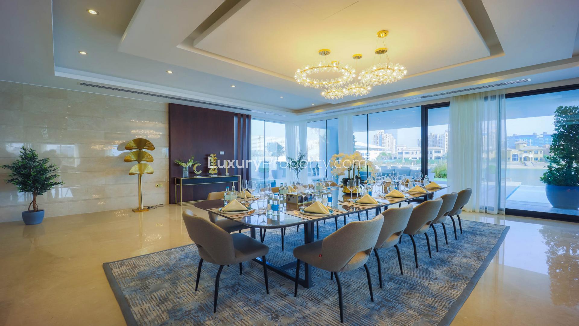 Luxurious dining and living area in Villa Neeto, Palm Jumeirah, featuring elegant decor