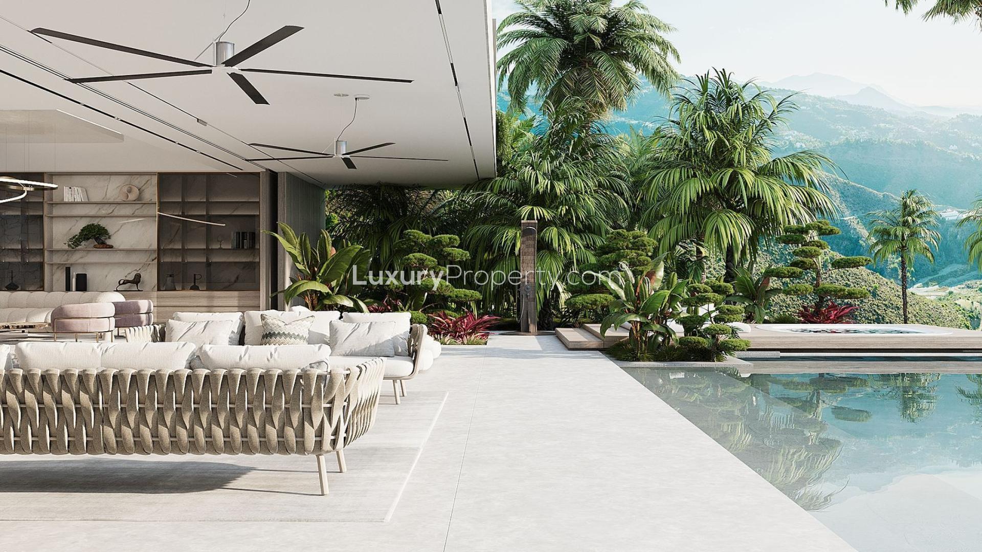 Luxurious La Quinta villa lounge with panoramic mountain views and modern decor