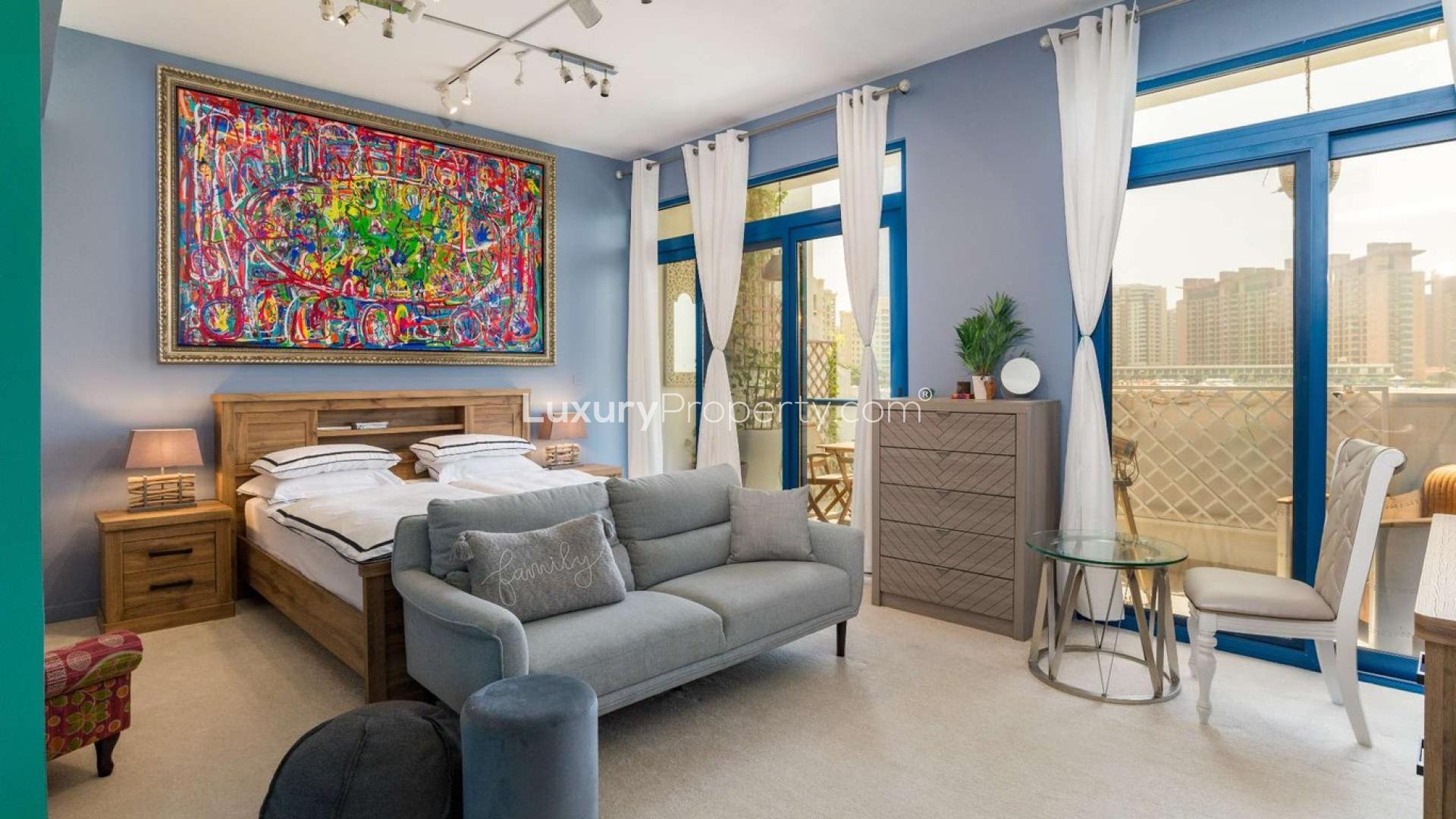 Living room in double-sized townhouse, vibrant art, Palma Residences, Palm Jumeirah