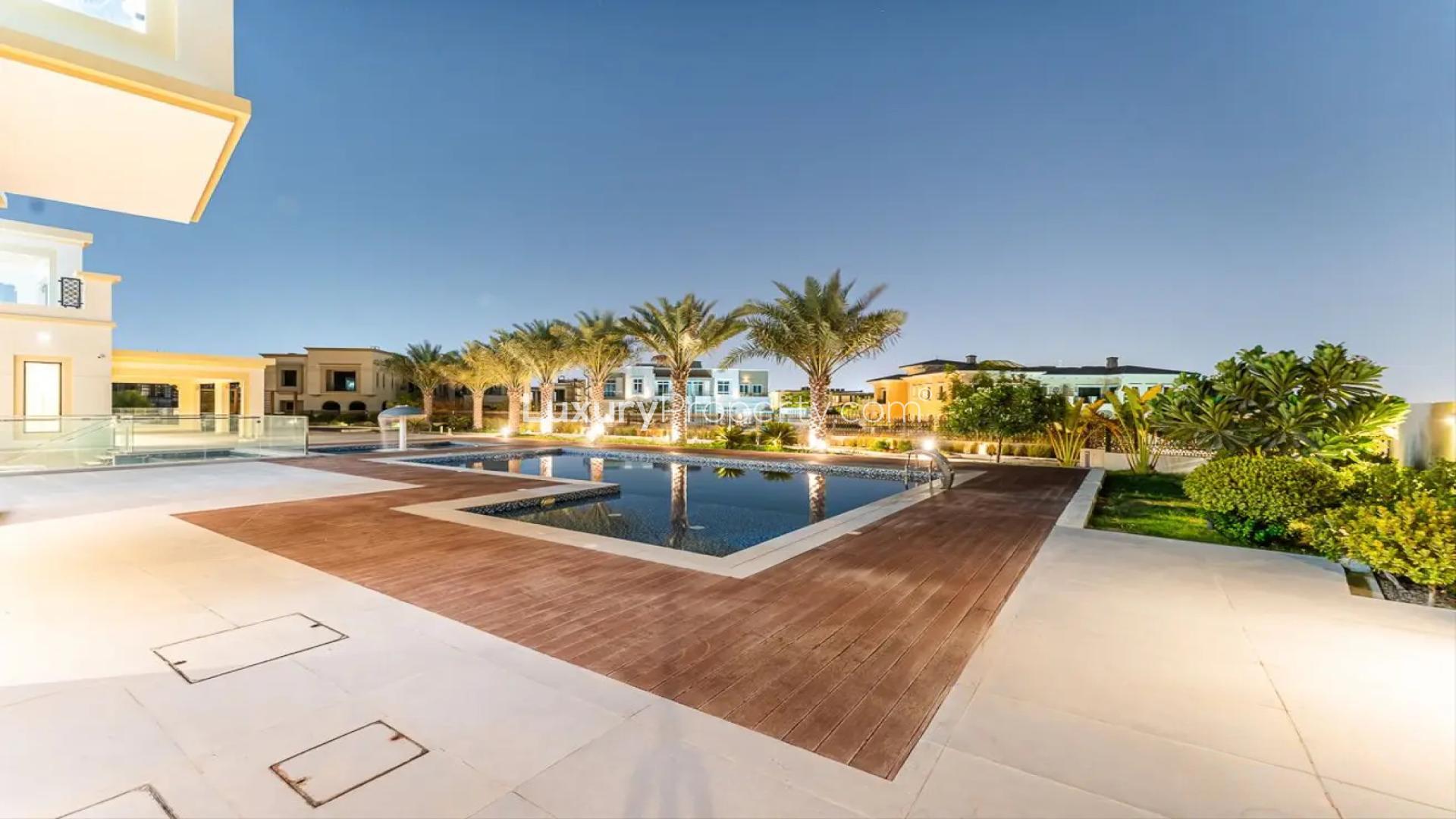 Luxurious living room in 9-bedroom mansion, Dubai Hills View, elegant decor and lighting