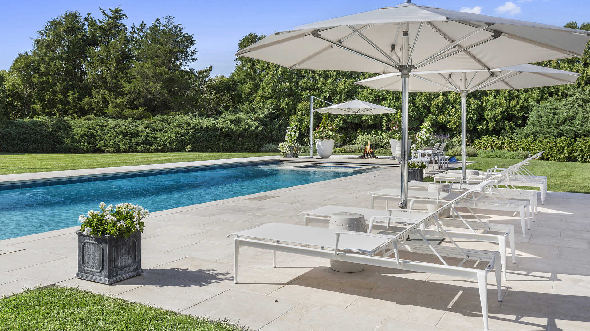 Outdoor tennis court and pavilion at luxury villa, 281 Gin Lane, Southampton, Hamptons