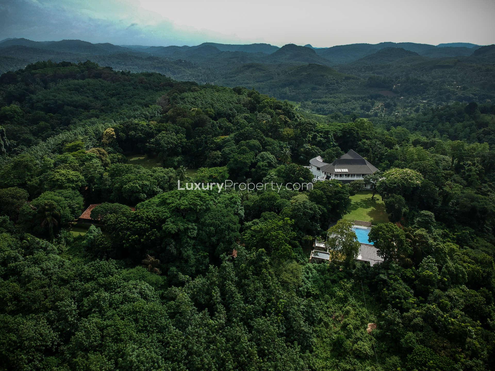 Aerial view of 9-bedroom Nugadola Wallauwa estate in lush Pasyala, Sri Lanka