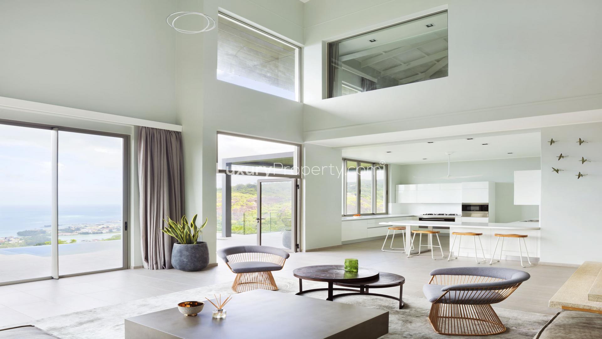 Modern villa patio with ocean view in Royal Palm Estate, Mahe