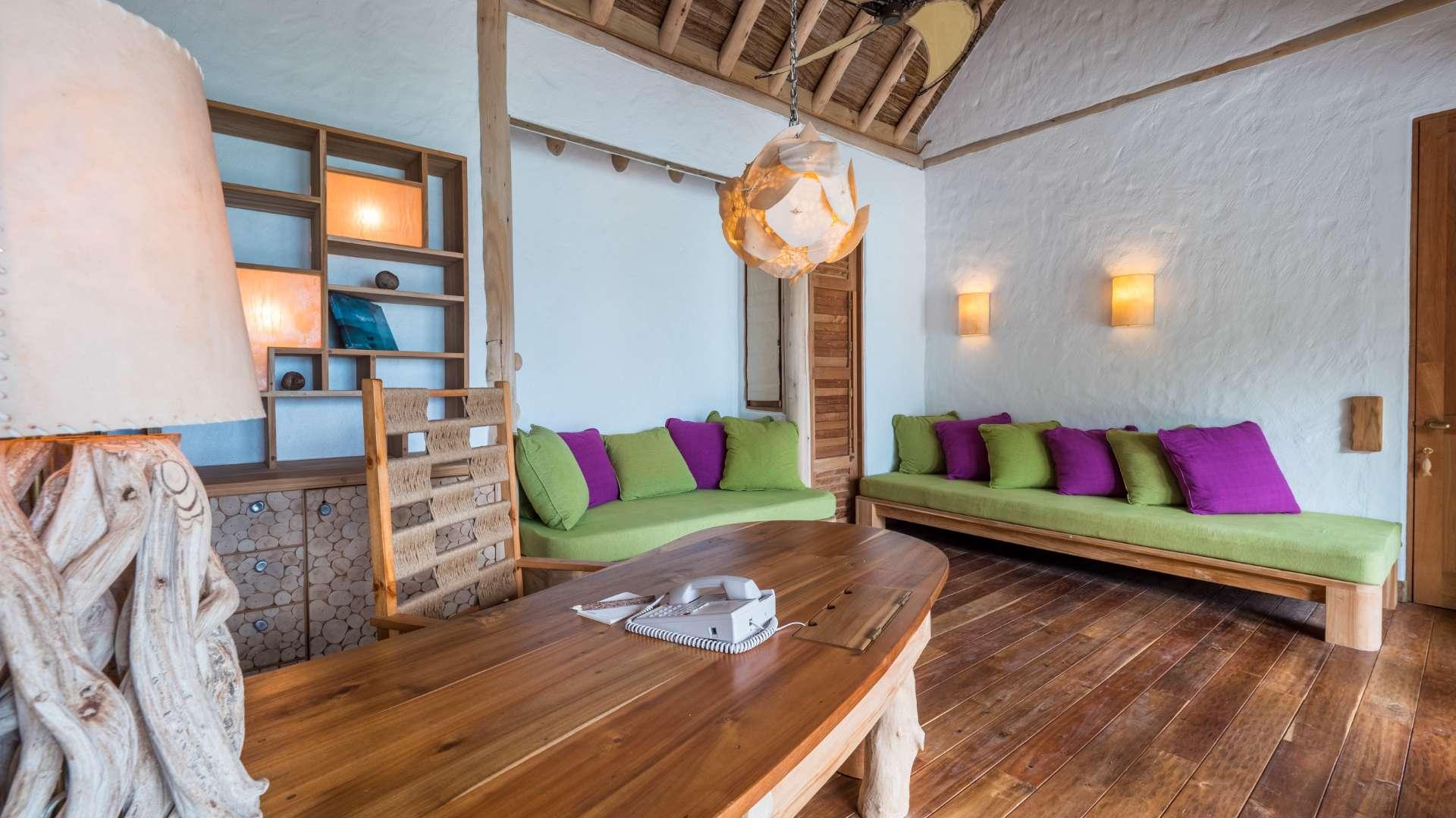 Aerial view of luxurious nine-bedroom villa with pool in Soneva Fushi, Maldives