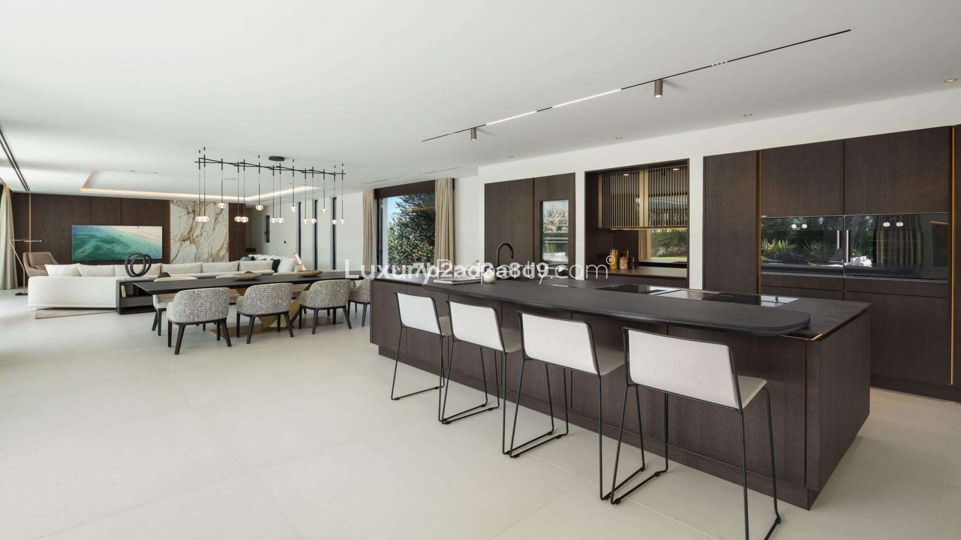 Modern villa living room with pool view in Nueva Andalucía, Marbella, LP44544