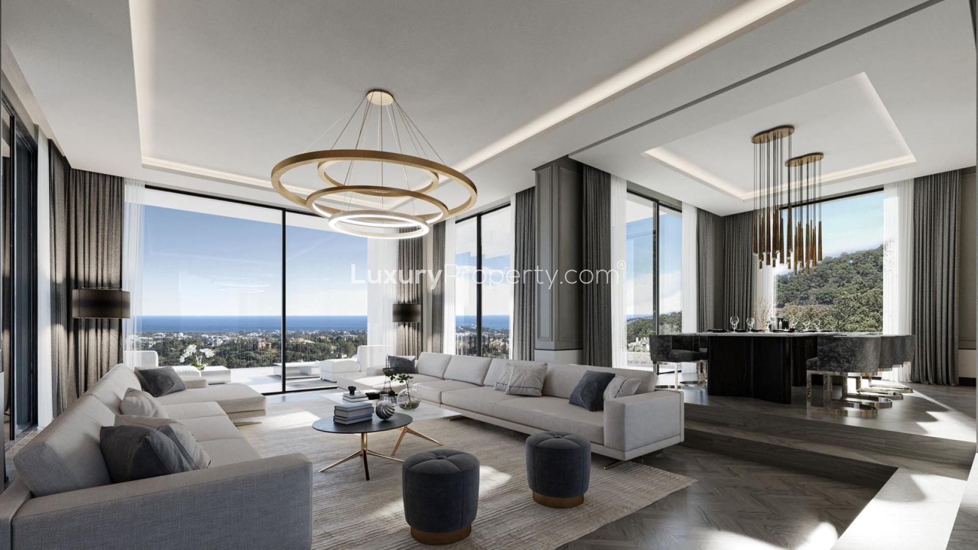 Luxurious living room with ocean view in Benahavís villa for sale