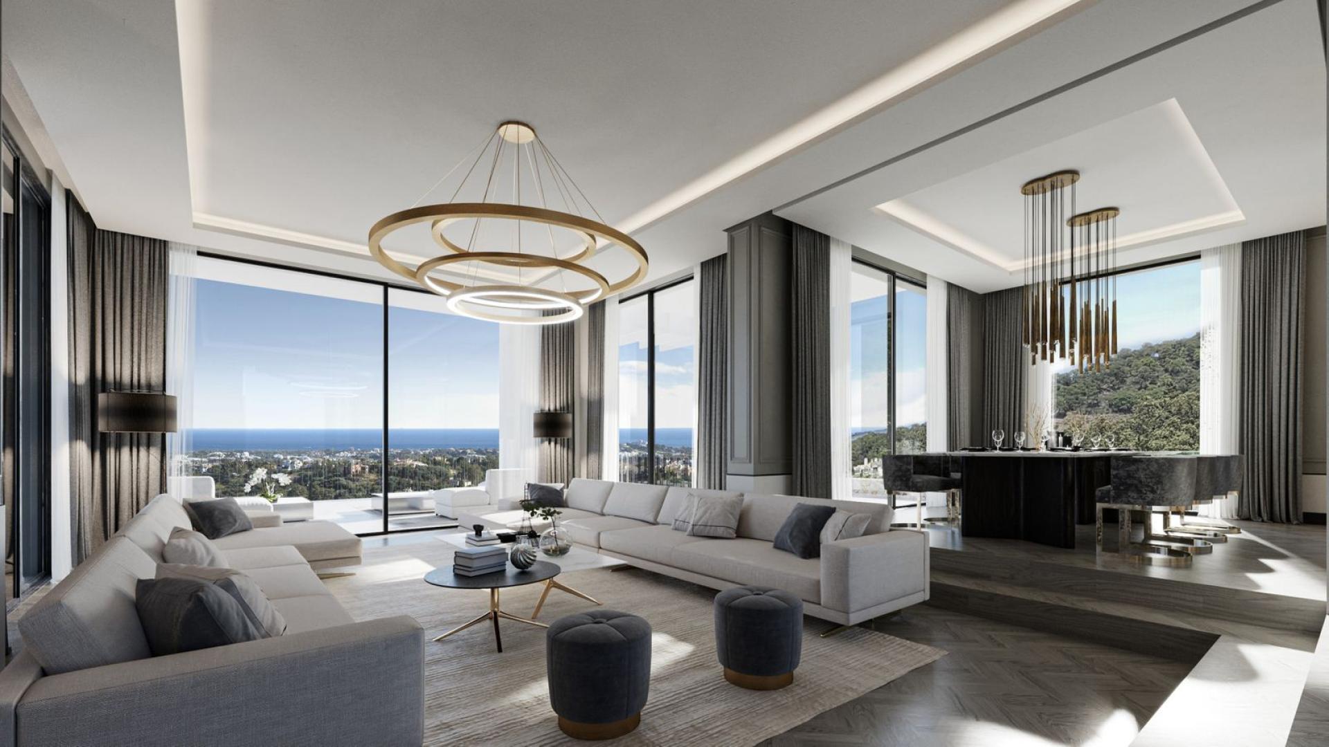 Luxurious living room with ocean view in Benahavís villa for sale