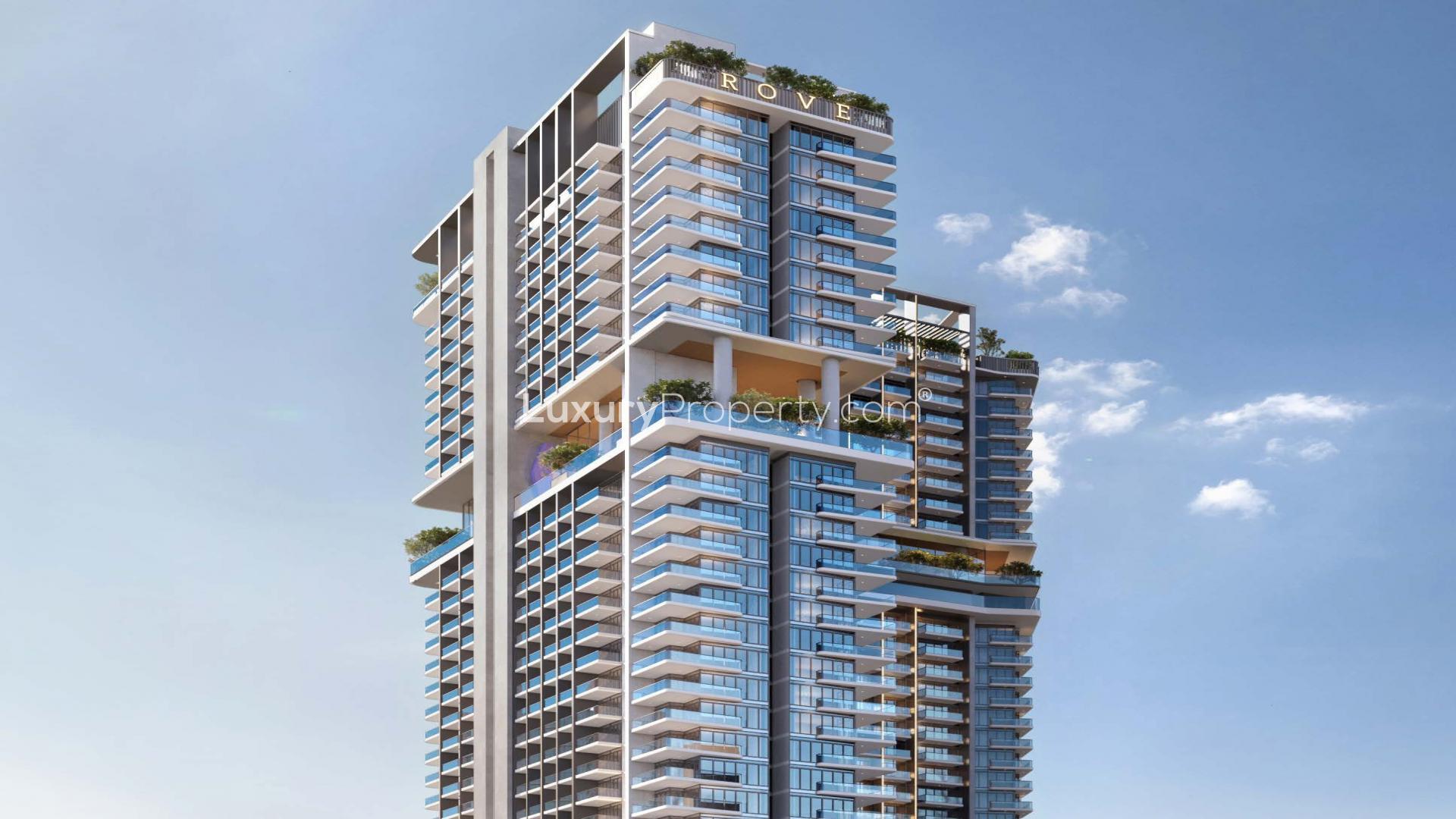 Fully furnished studio apartment interior at Rove Home, Marasi Drive, Business Bay, Dubai