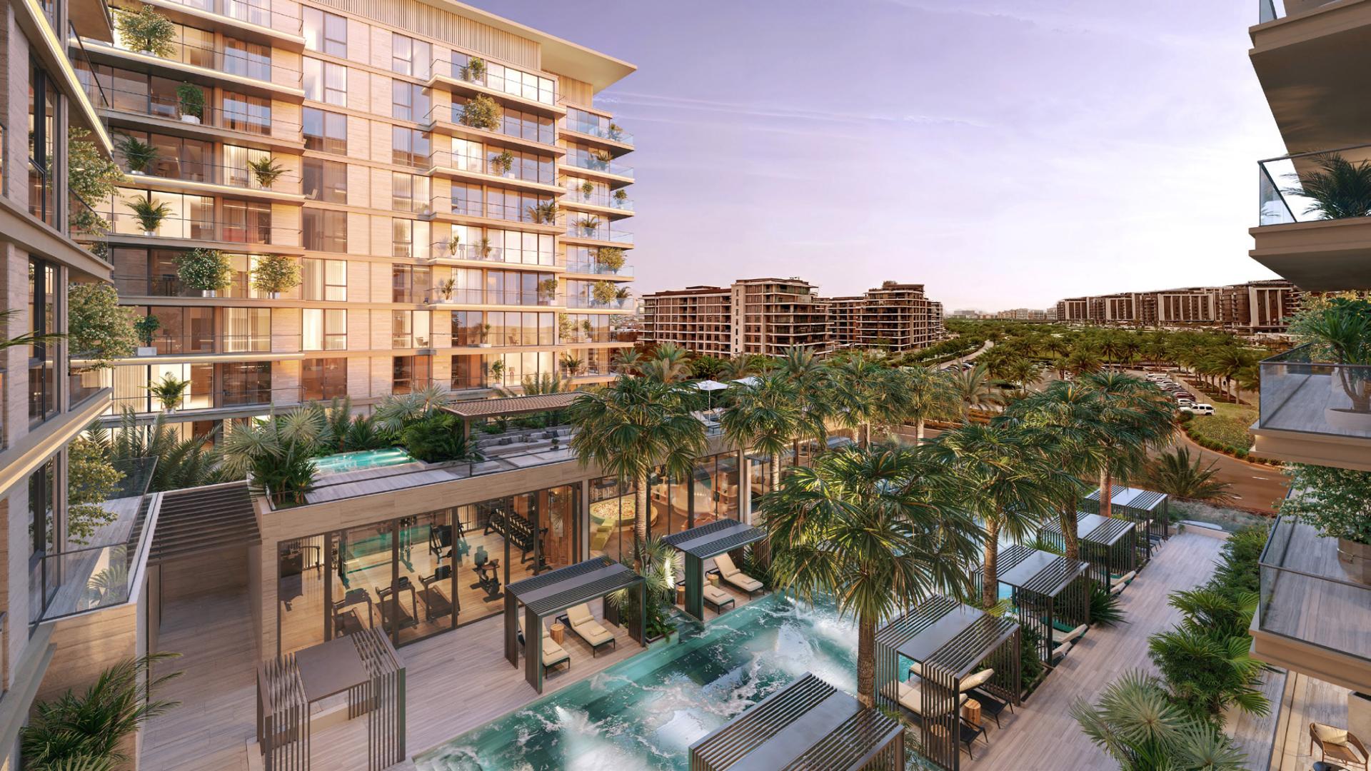 Fully furnished studio apartment interior at The Berkeley, Dubai Hills Estate, modern decor