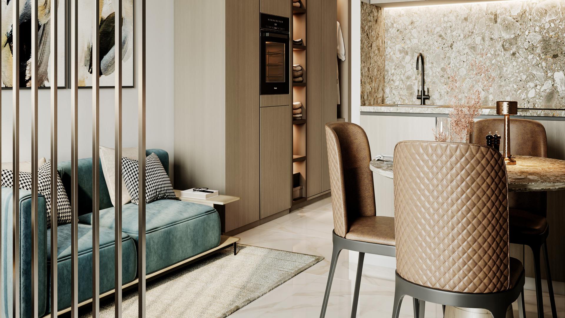 Studio apartment interior at Franck Muller Vanguard, Dubai Marina, featuring modern kitchen design