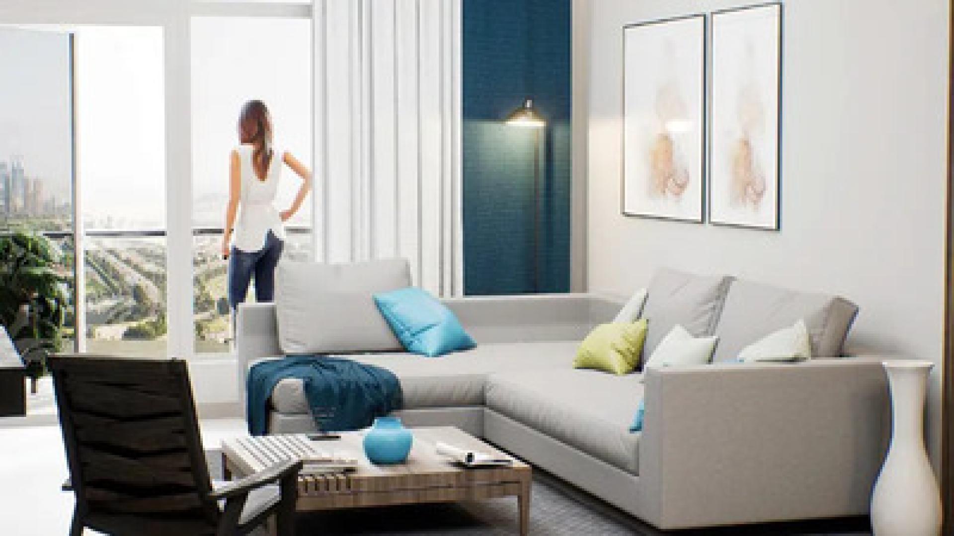 Studio apartment interior at Golf Views Seven City, JLT with modern decor and city view