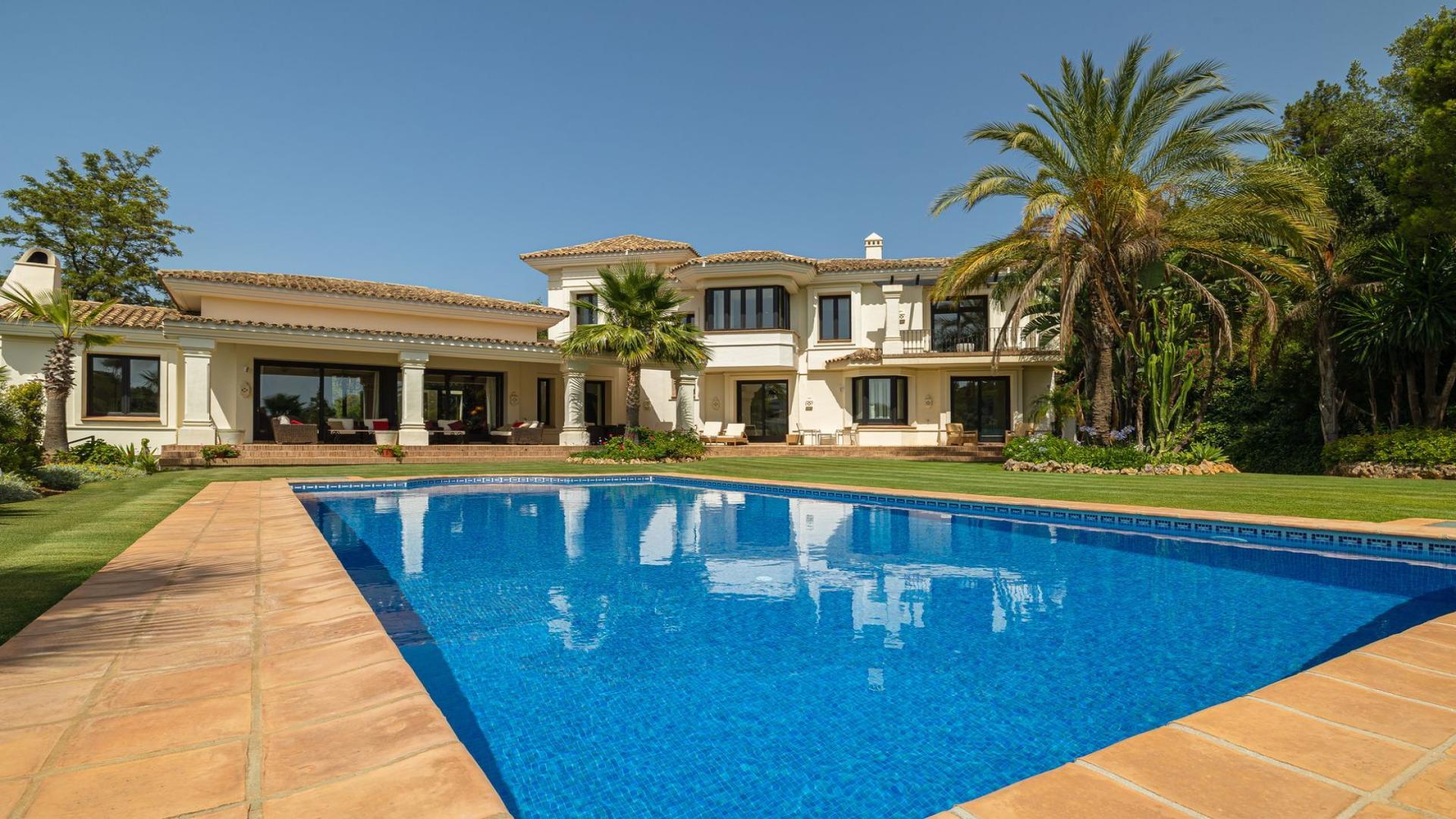 Aerial view of luxury villa with pool and golf course in La Zagaleta, Málaga
