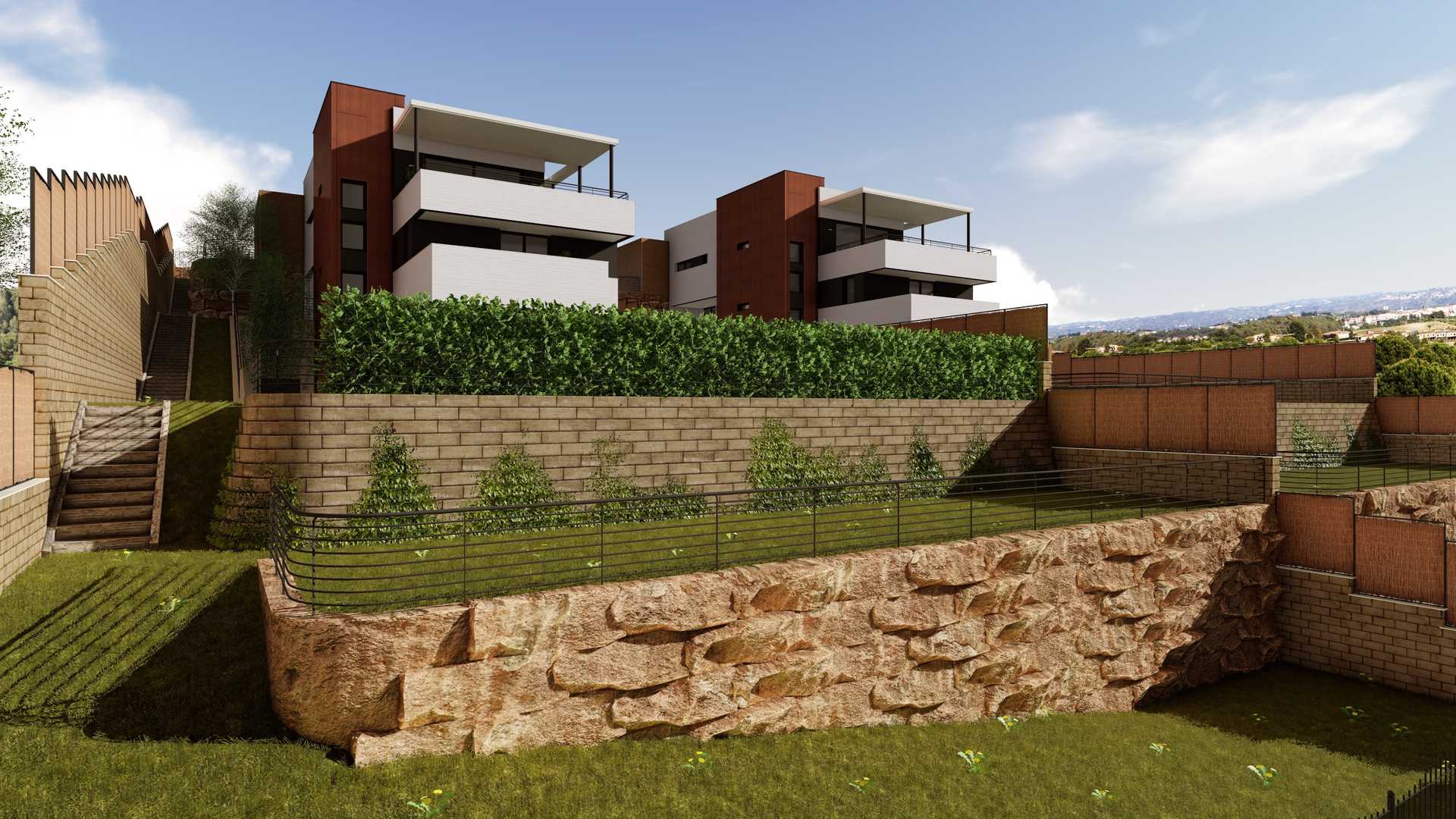 Hilltop contemporary villa exterior with terraces, Sant Esteve Sesrovires, Barcelona, for sale
