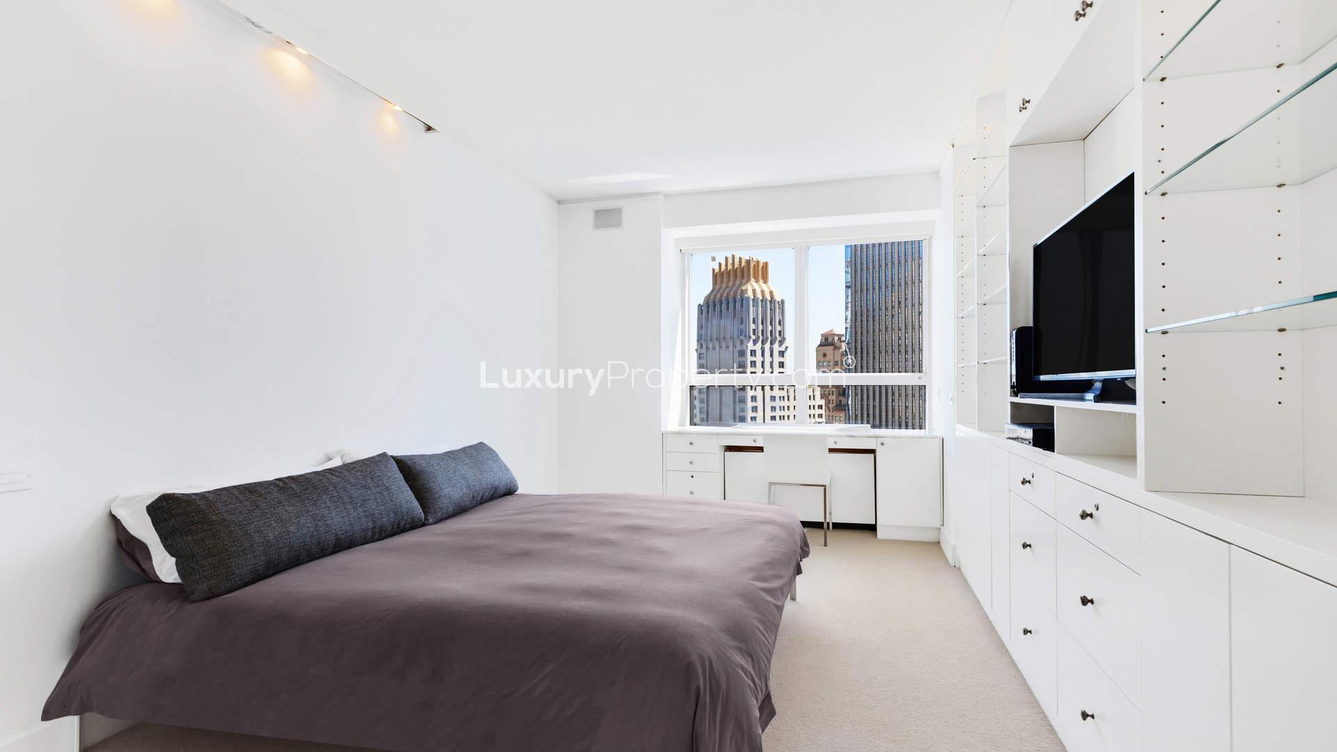 Stylish one-bedroom apartment living room with city view, West 57th Street, Manhattan