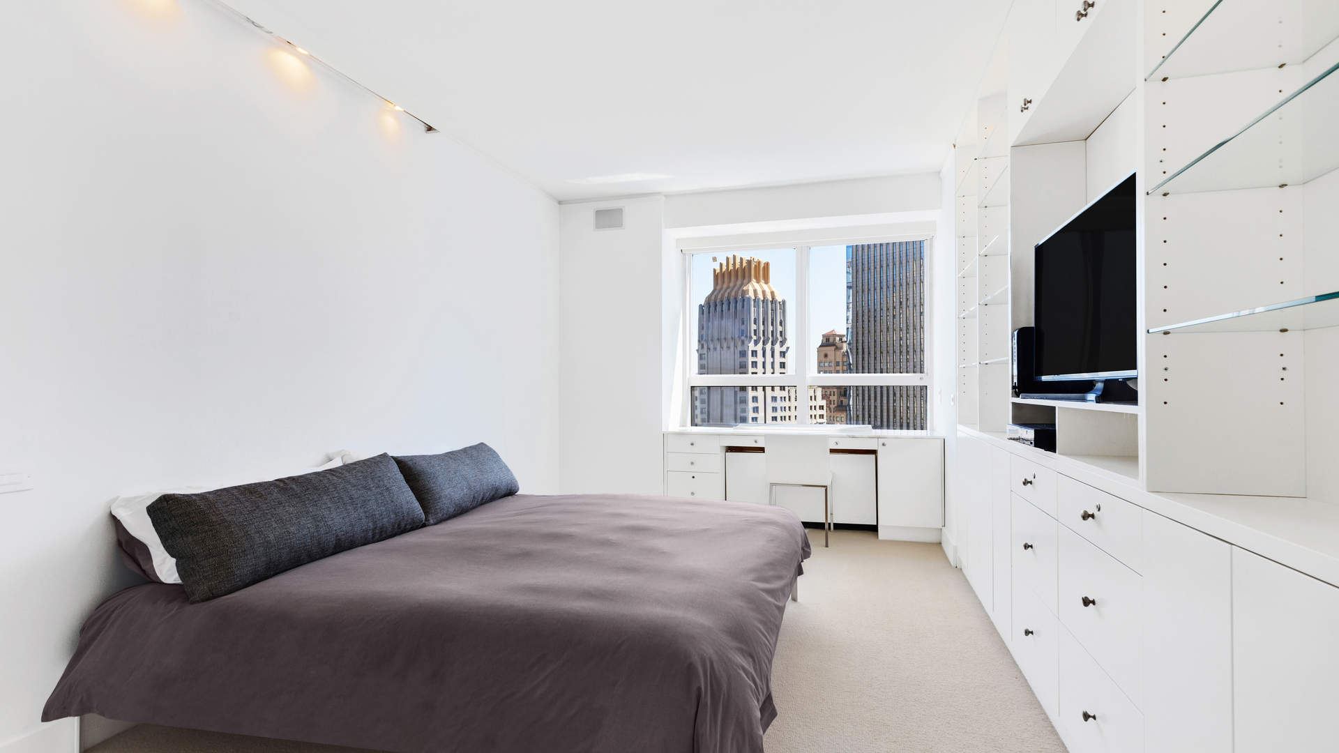 Stylish one-bedroom apartment living room with city view, West 57th Street, Manhattan