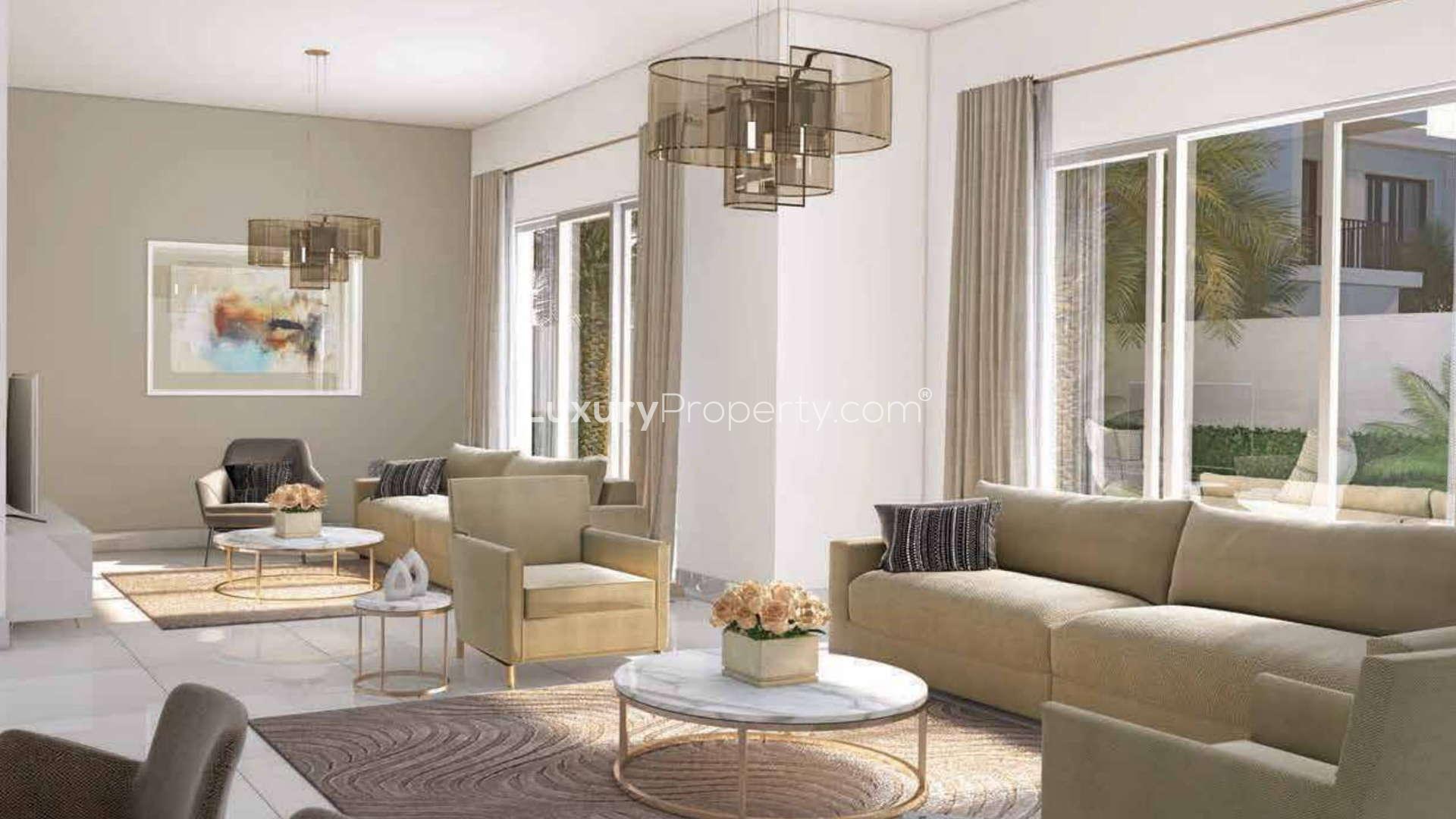 Luxurious bedroom in 5-bed villa, Arabella 3, Mudon, Dubailand with modern decor and large window