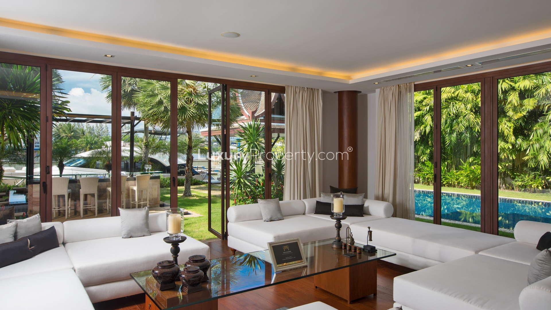 Luxurious living room in 5-bedroom villa, Royal Phuket Marina, with pool view