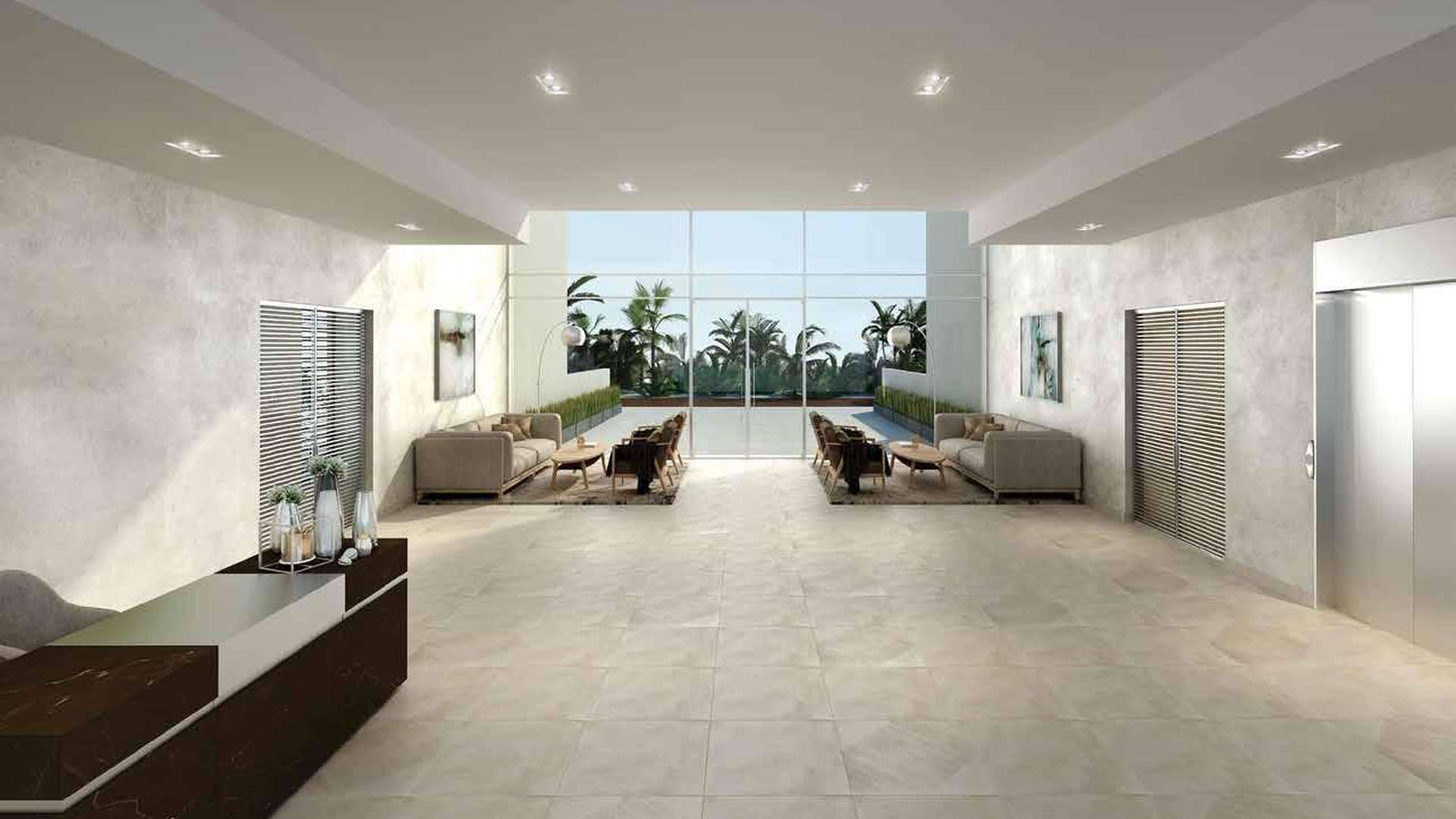 Modern lobby in Mudon Views apartment, Dubailand, featuring stylish seating and large windows