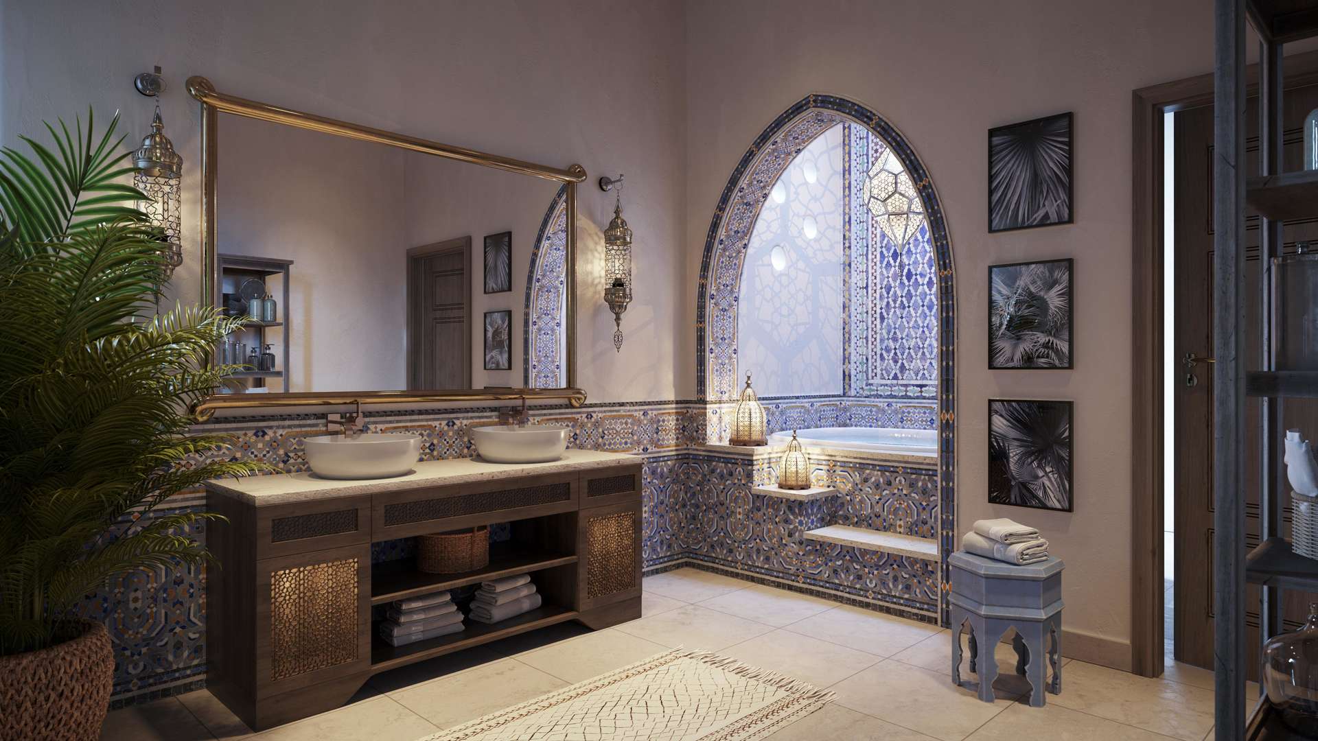 Luxurious bedroom in Al Jurf Gardens villa with elegant decor and garden view