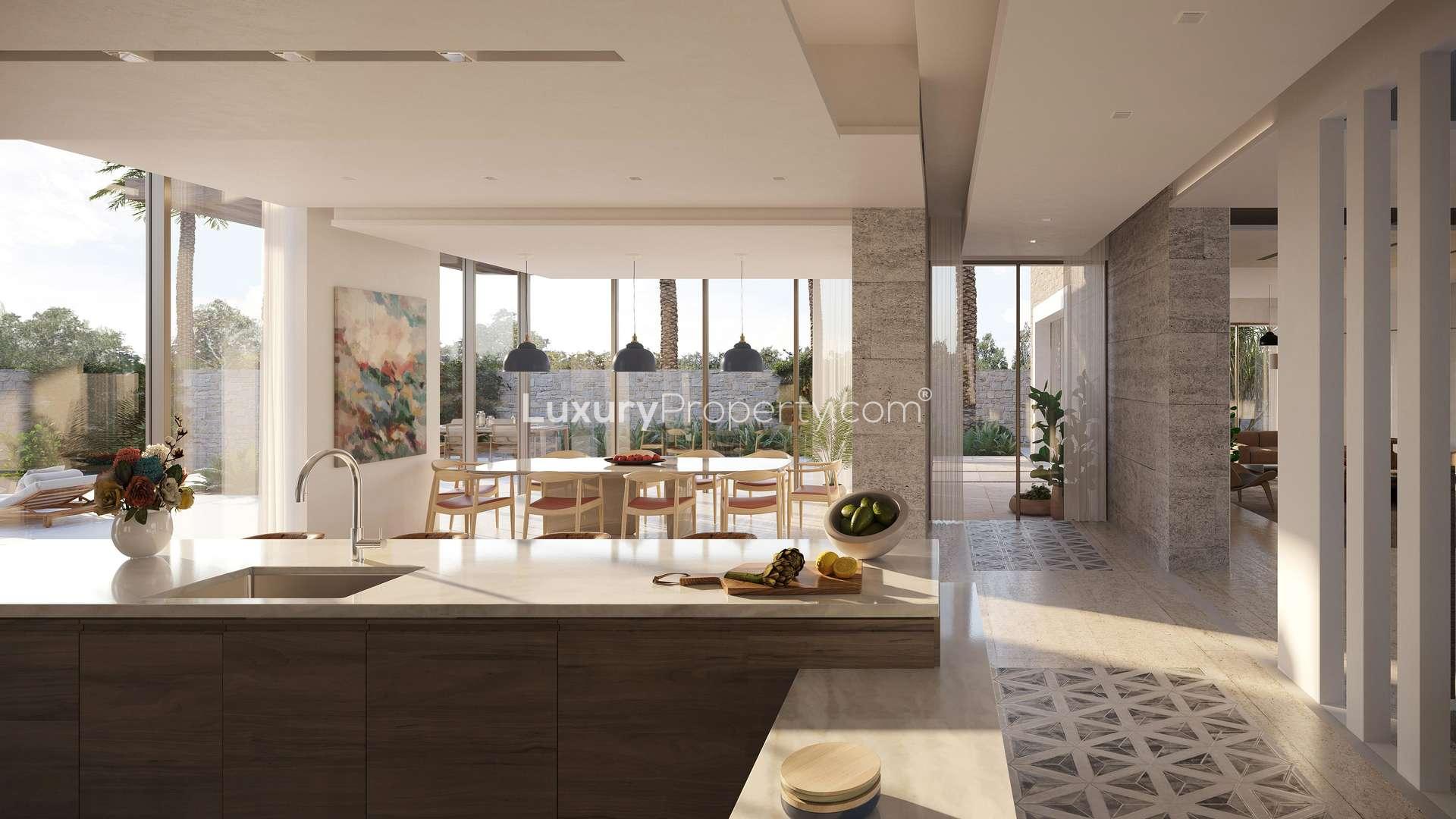 Stunning Budoor Villa exterior with pool at Al Jurf Gardens, Abu Dhabi for sale