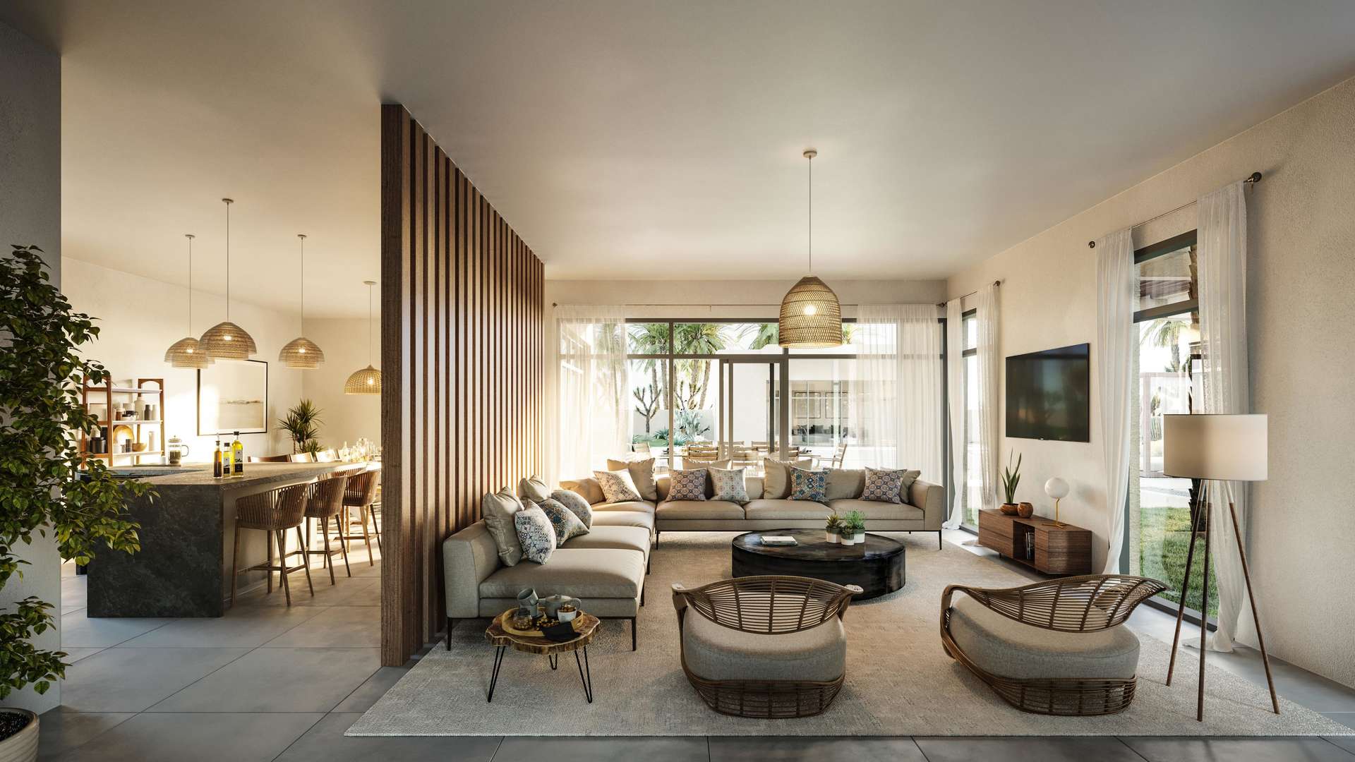 Stunning seven-bedroom villa exterior with palm trees at Al Jurf Gardens, Budoor Villa