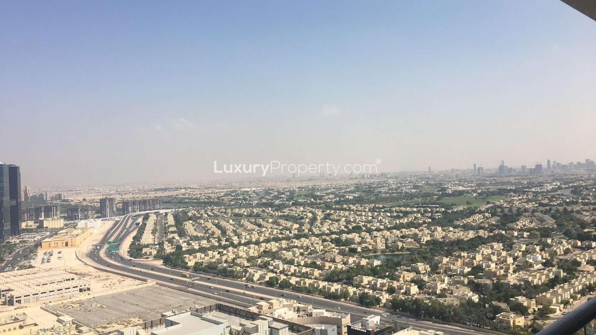 Outdoor terrace with seating in Dubai Arch Tower, Jumeirah Lake Towers apartment for sale