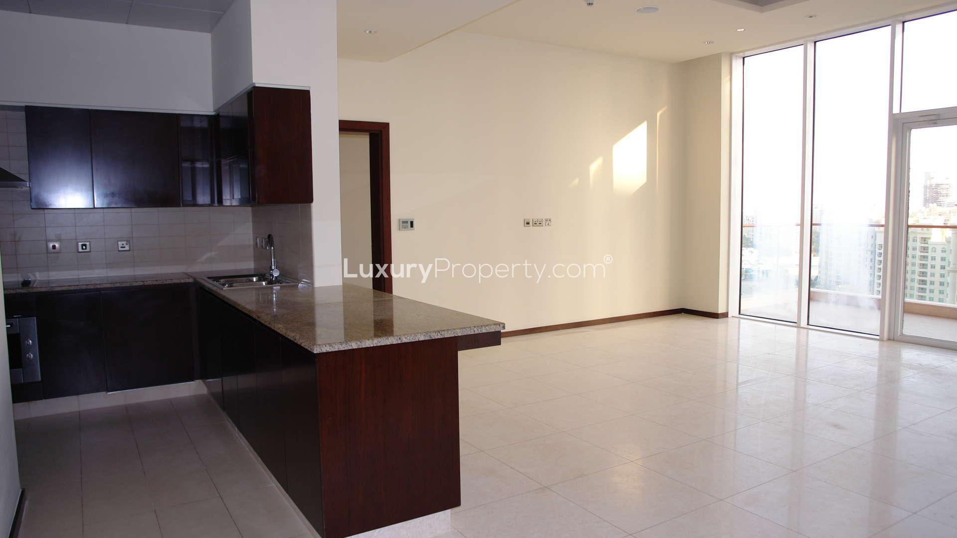 Modern bathroom with glass shower in Tiara Residence apartment, Palm Jumeirah